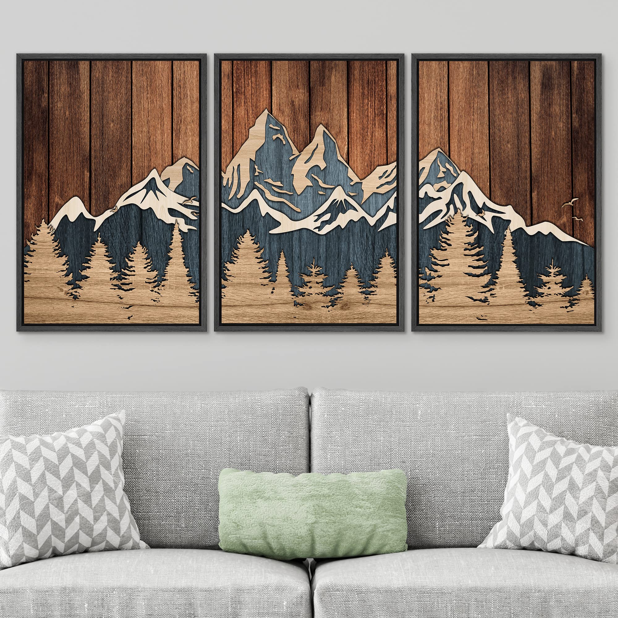 Signwin Framed Canvas Print Wall Art Set Country Wood Panel Mountain Forest Nature Wilderness Illustrations Modern Art Decorativ