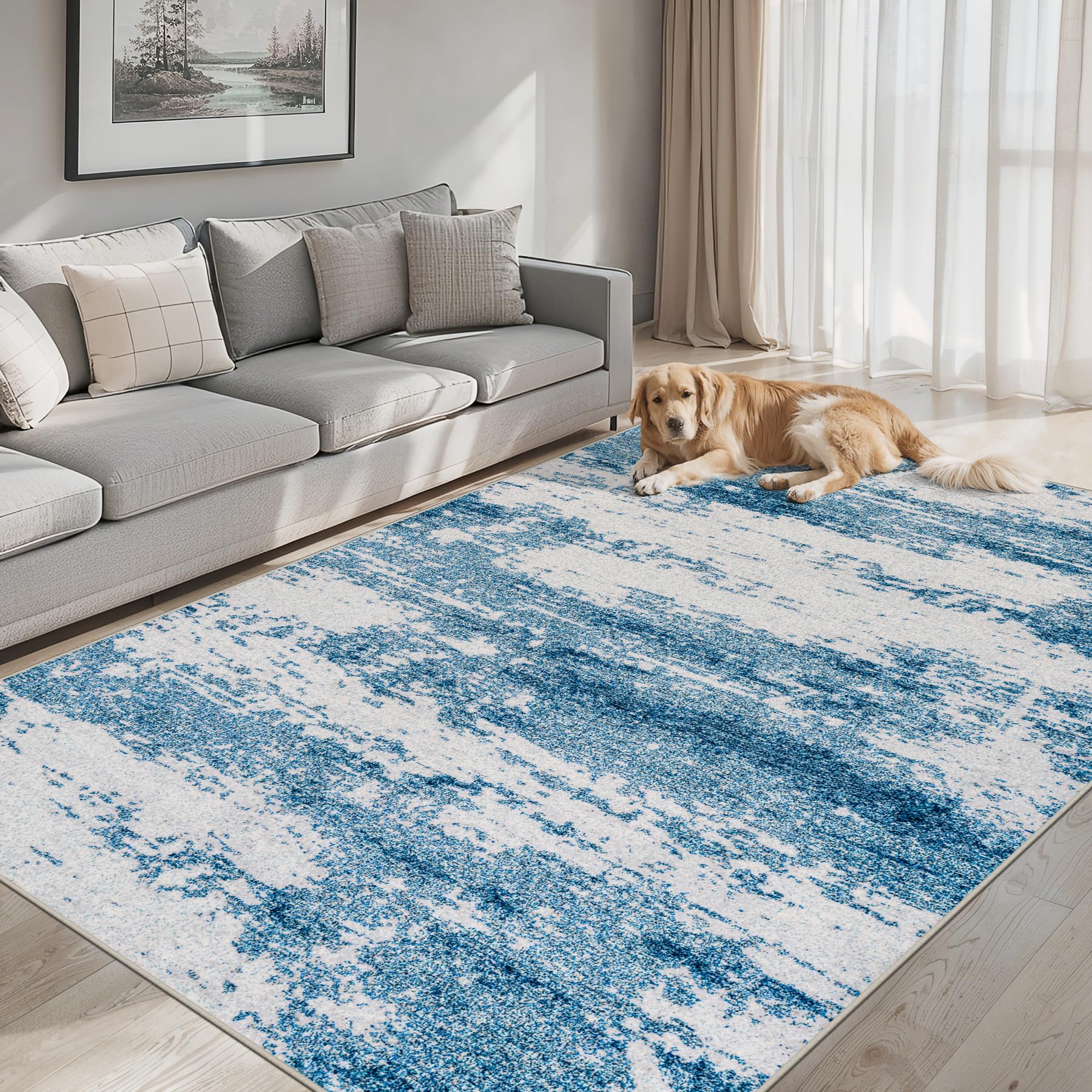 Area Rugs Living Room Rug - 5x7 Washable Modern Abstract Soft Neutral Non-Slip Carpet Large Indoor Floor Stain Resistant Thin Ca