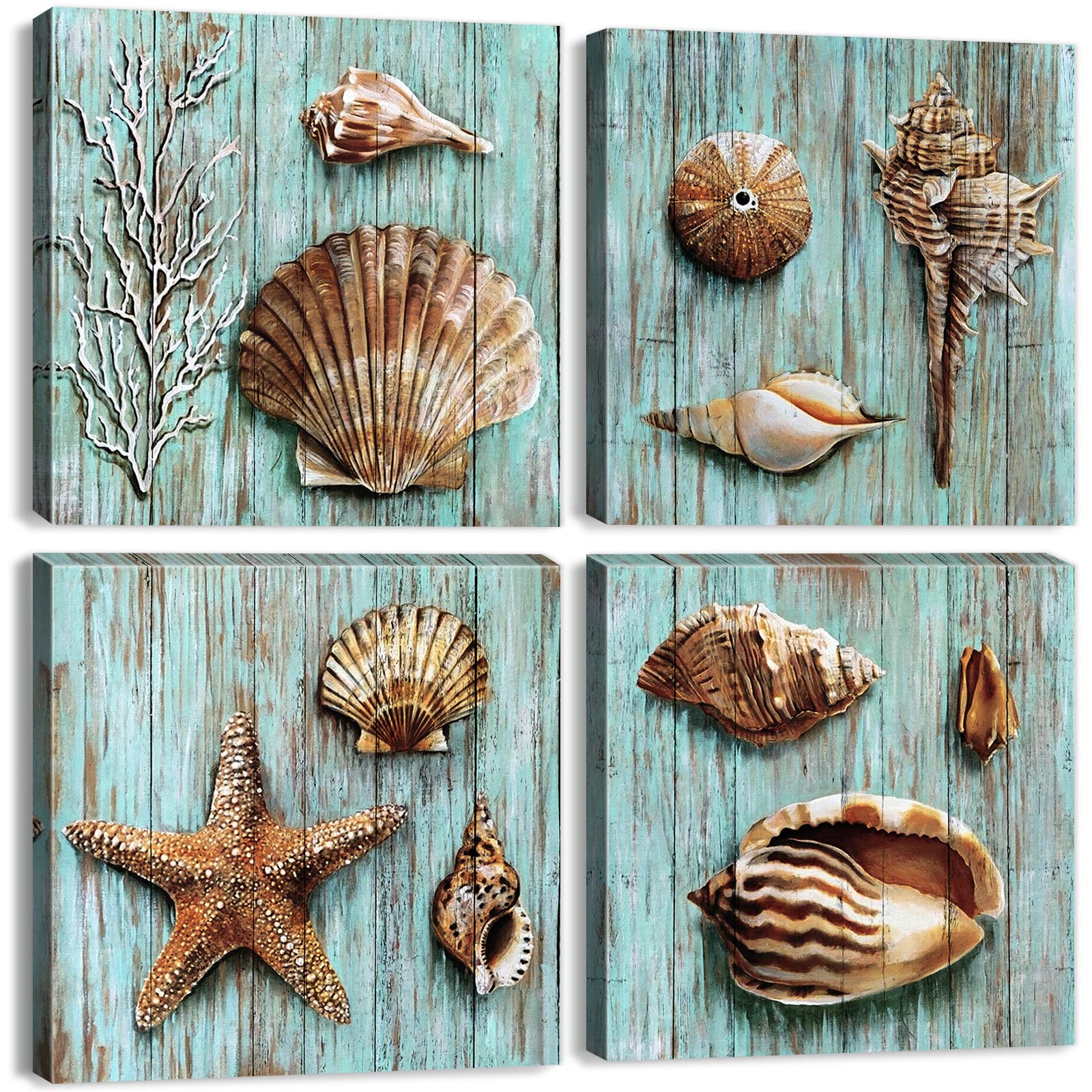 Rustic Seashell Wall Art Beach Decor Coastal Teal Blue Conch Shell Canvas Prints Farmhouse Ocean Wall Decor Nautical Beachy Star