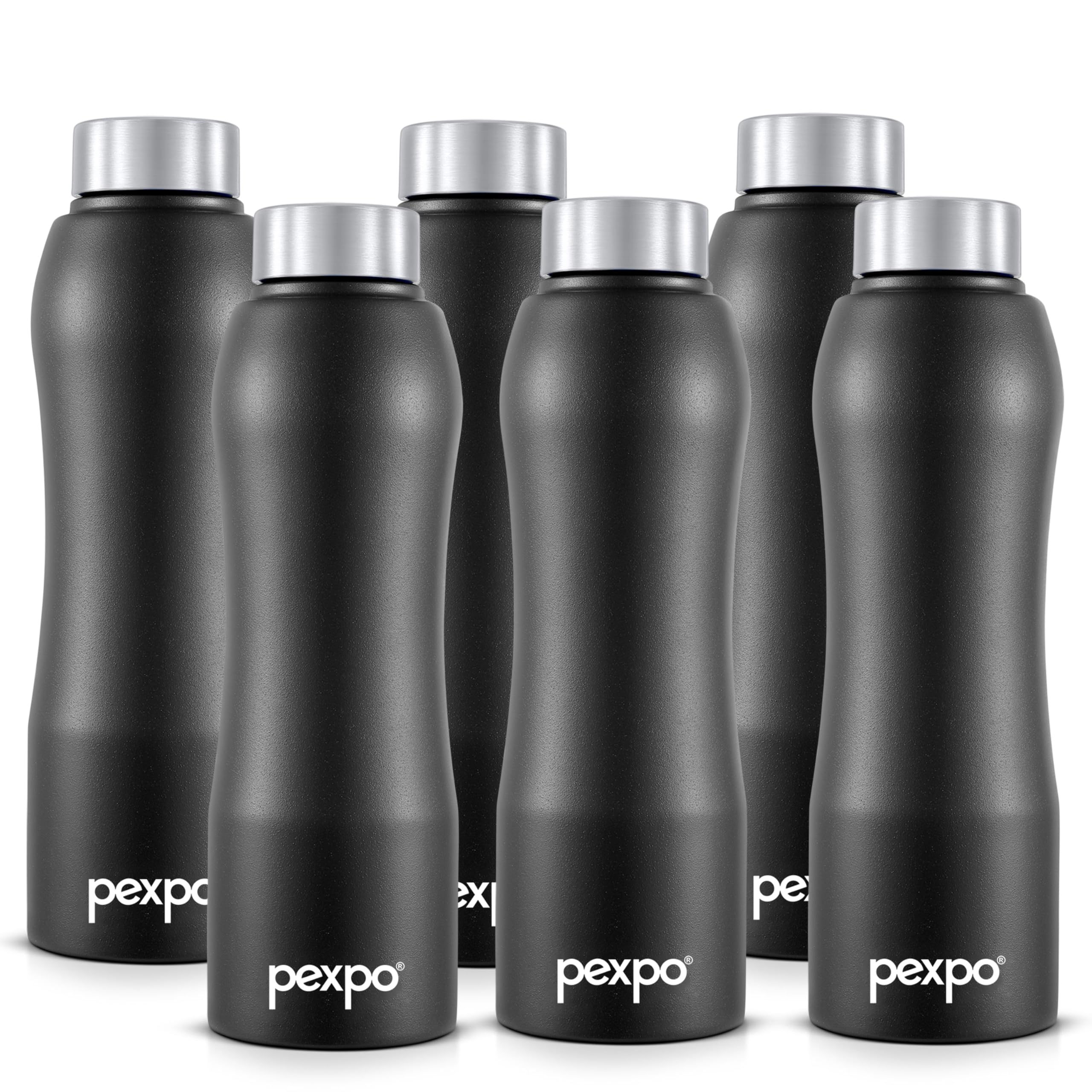 Pexpo Bistro Isi Certified Stainless Steel Fridge/Sports Water Bottle 1 Litre, Knight Black, Pack Of 6| Single Walled|Easy Grip|