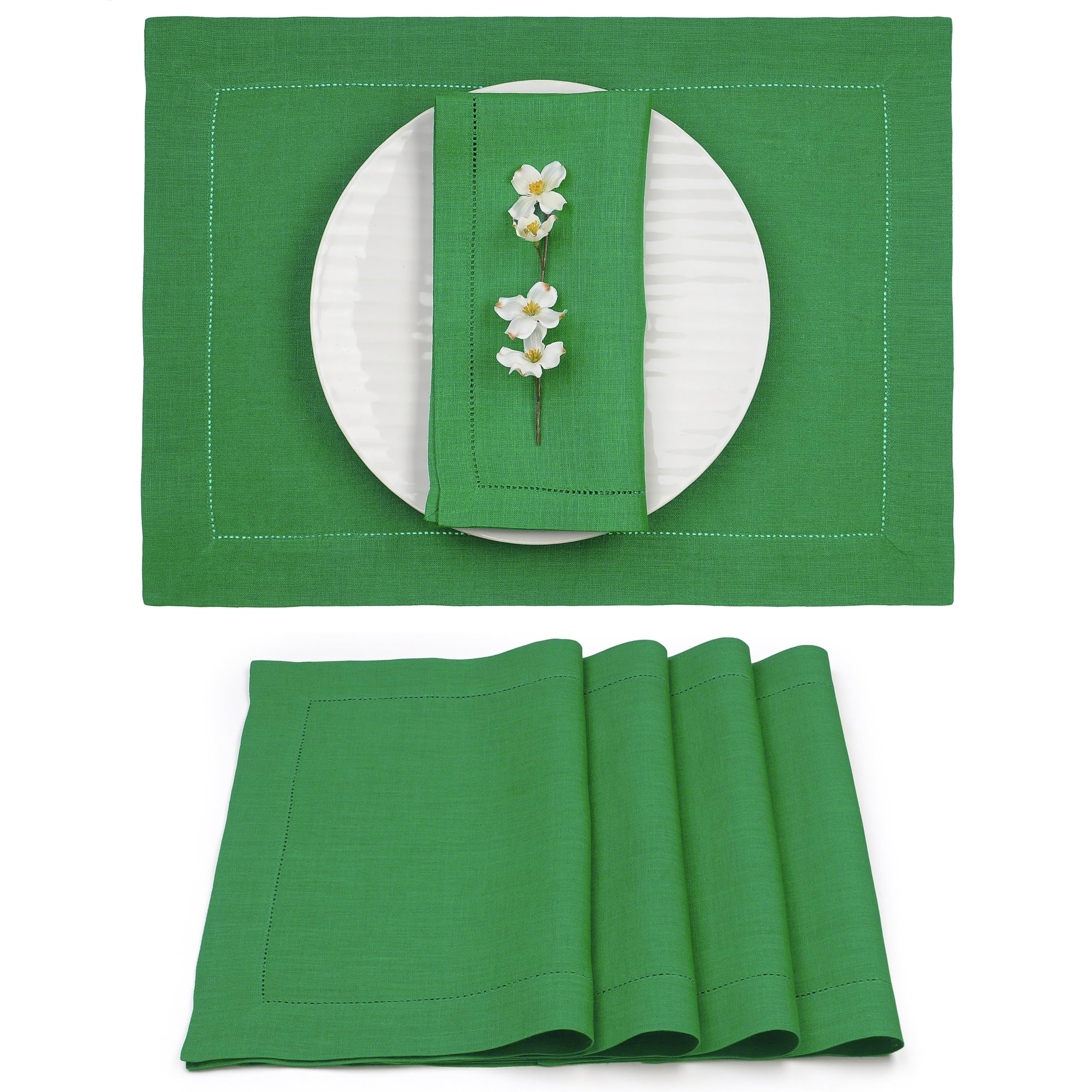 D'Moksha Homes Linen Placemats Set Of 4-100% Pure Linen Kelly Green Placemats 14 X 19 Inch - Classic Hemstitch, Washable Kelly G