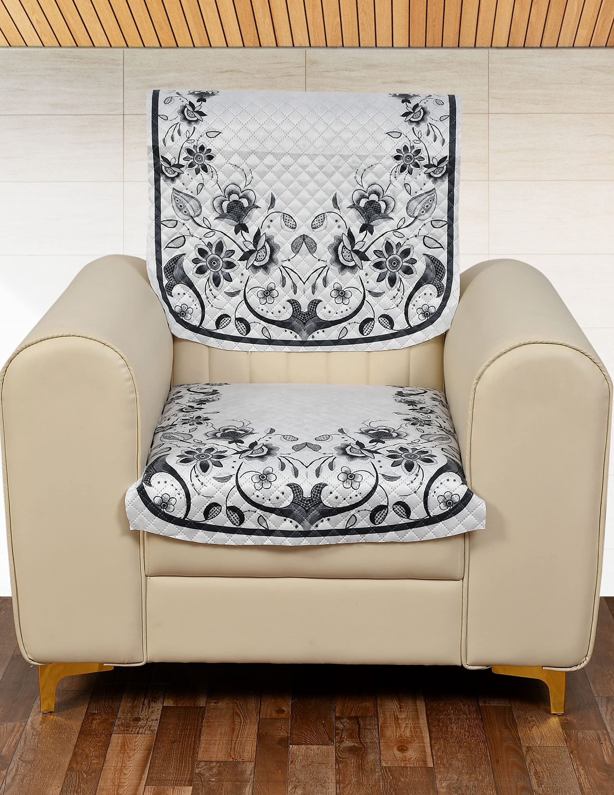 Yellow Weaves 1 Seater Quilted Sofa Chair Cover, Floral Design, Seat & Back Cover, Color - Grey, Velvet