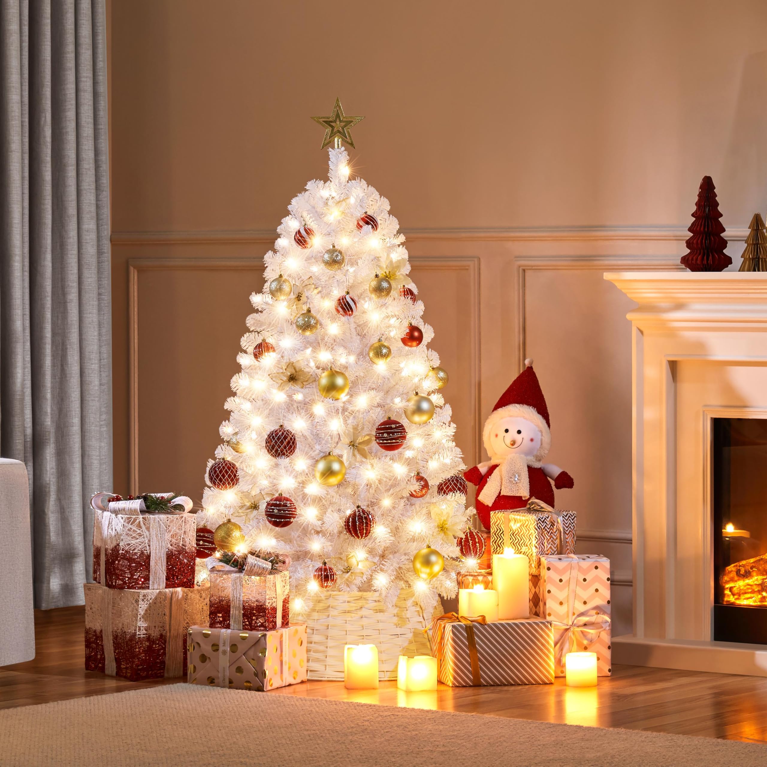 Yaheetech 4.5ft Pre-lit Spruce Artificial Hinged Christmas Pine Tree Prelighted Holiday Xmas Tree for Home Party Decoration with