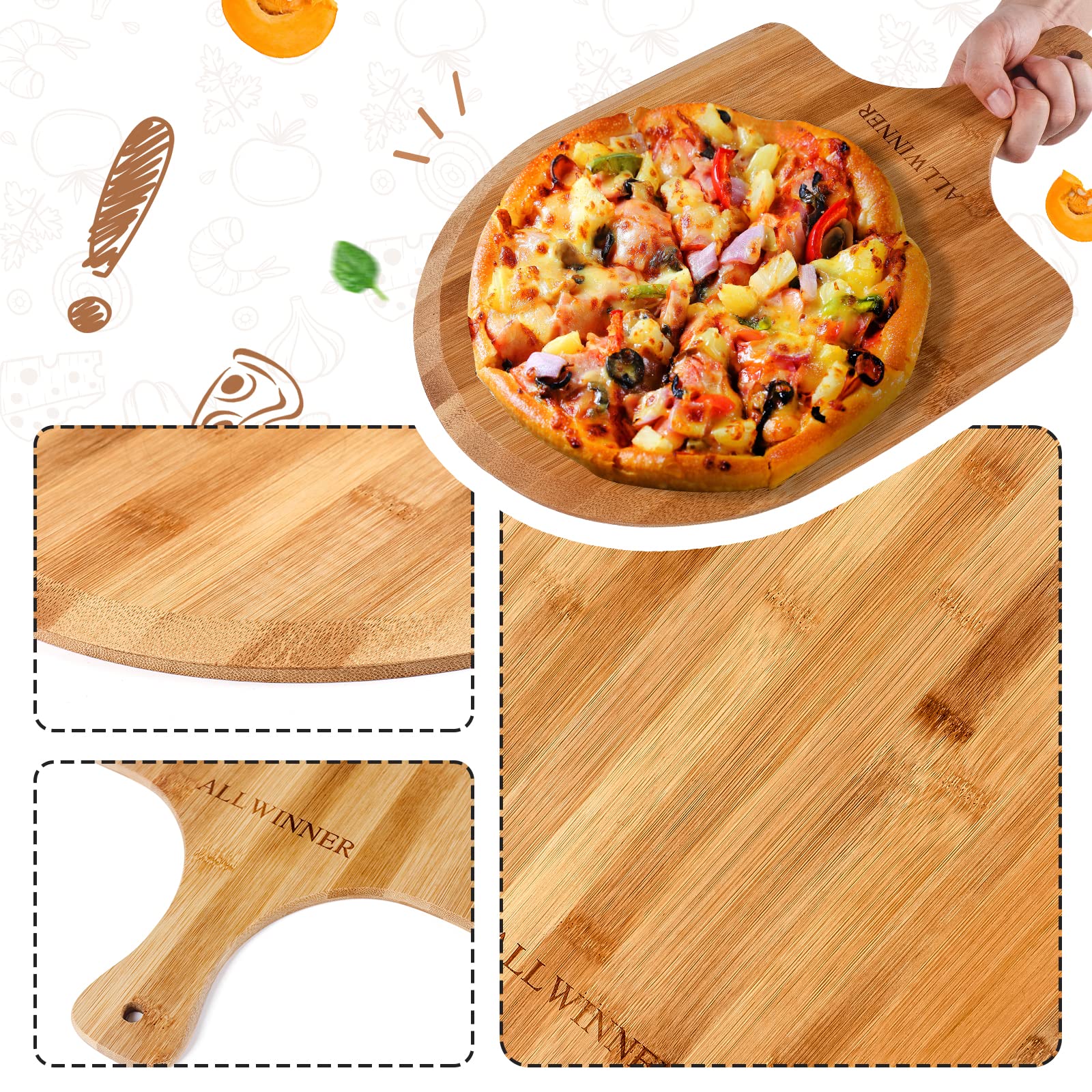 Allwinner Pizza Peel 12 Inch, 2 Pack Bamboo Pizza Paddle, Wooden Pizza Peels For Making Pizza, Pizza Bread Pie Cutting Board For
