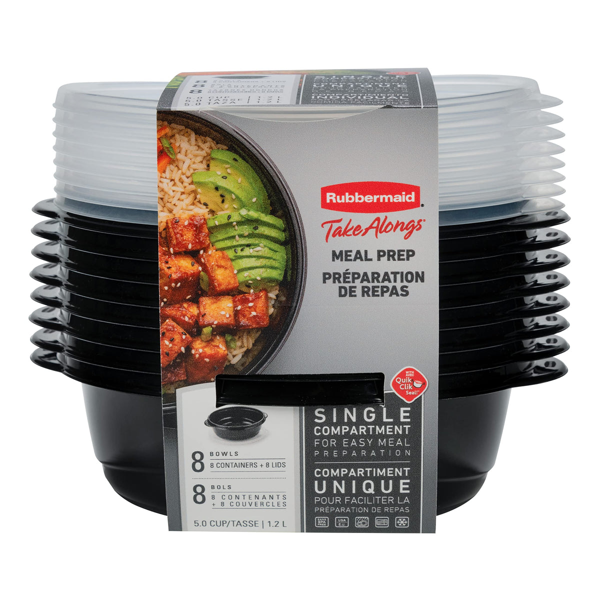 Rubbermaid Takealongs Food Storage Containers, 5 Cup, 8 Pack, Black