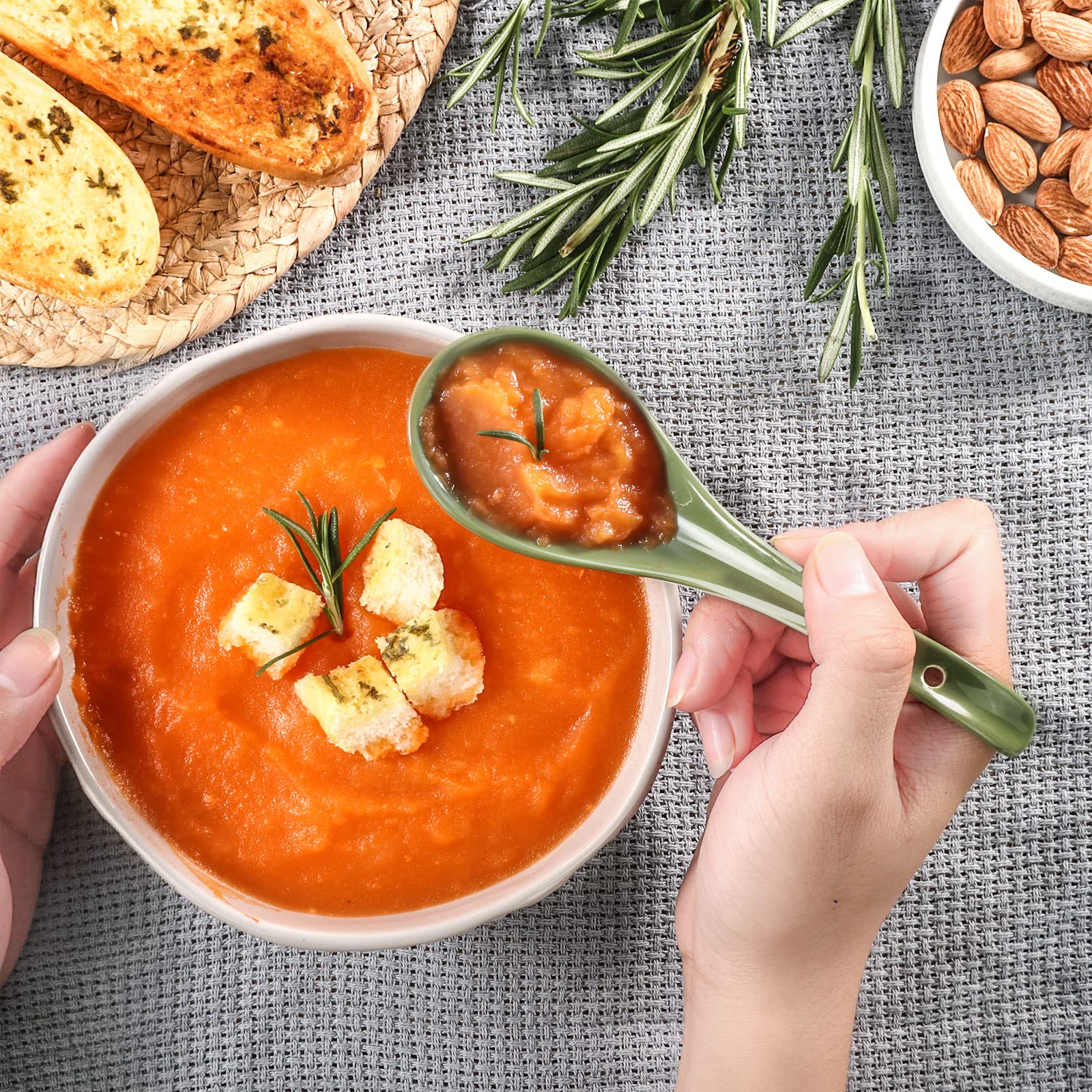 Wareland Asian Soup Spoon Set Of 6, 6.75 Inch Ultra-Fine Ceramic Chinese Soup Spoons, Green Japanese Soup Spoon For Cereal Stews