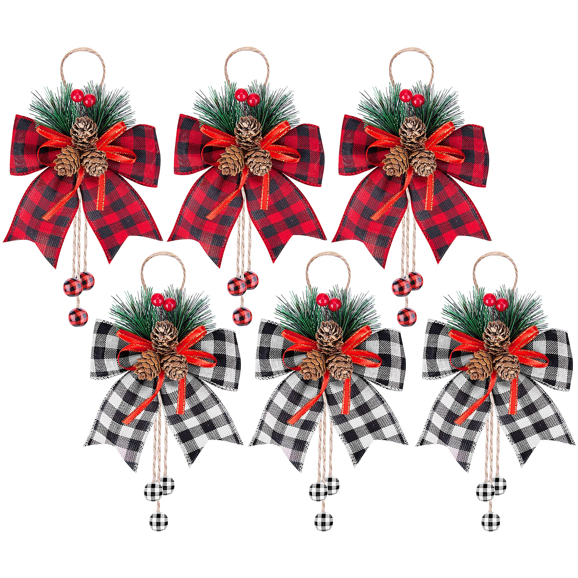 6 Pcs Christmas Burlap Plaid Bows with Pine Cones Pine Needles, Large Christmas Decoration Buffalo Plaid Bows, Xmas Wreath Bow B