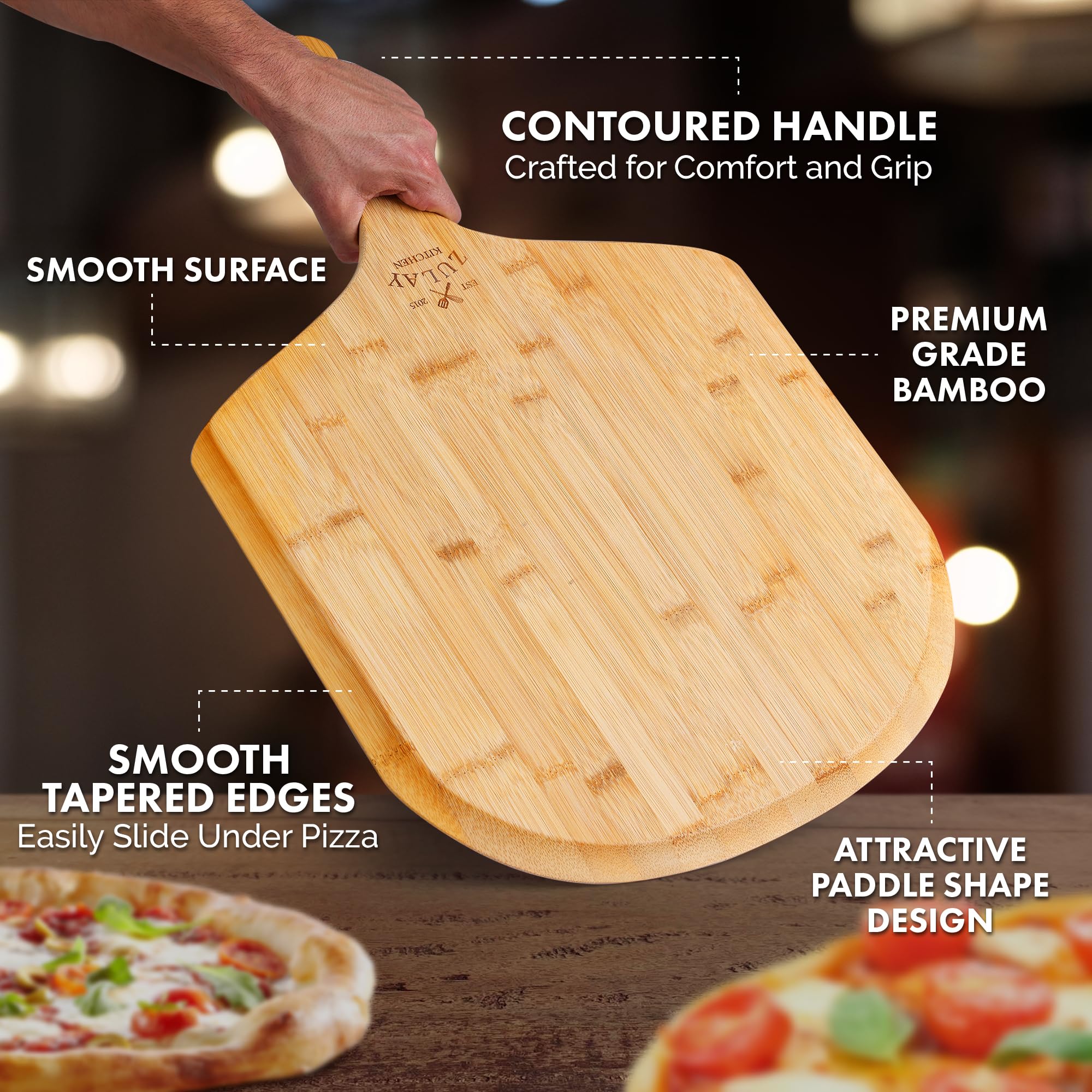 Zulay Kitchen Wooden Pizza Peel - Large 15'' Pizza Paddle With Extra Long Handles - Authentic Natural Bamboo Easy Glide Edges &