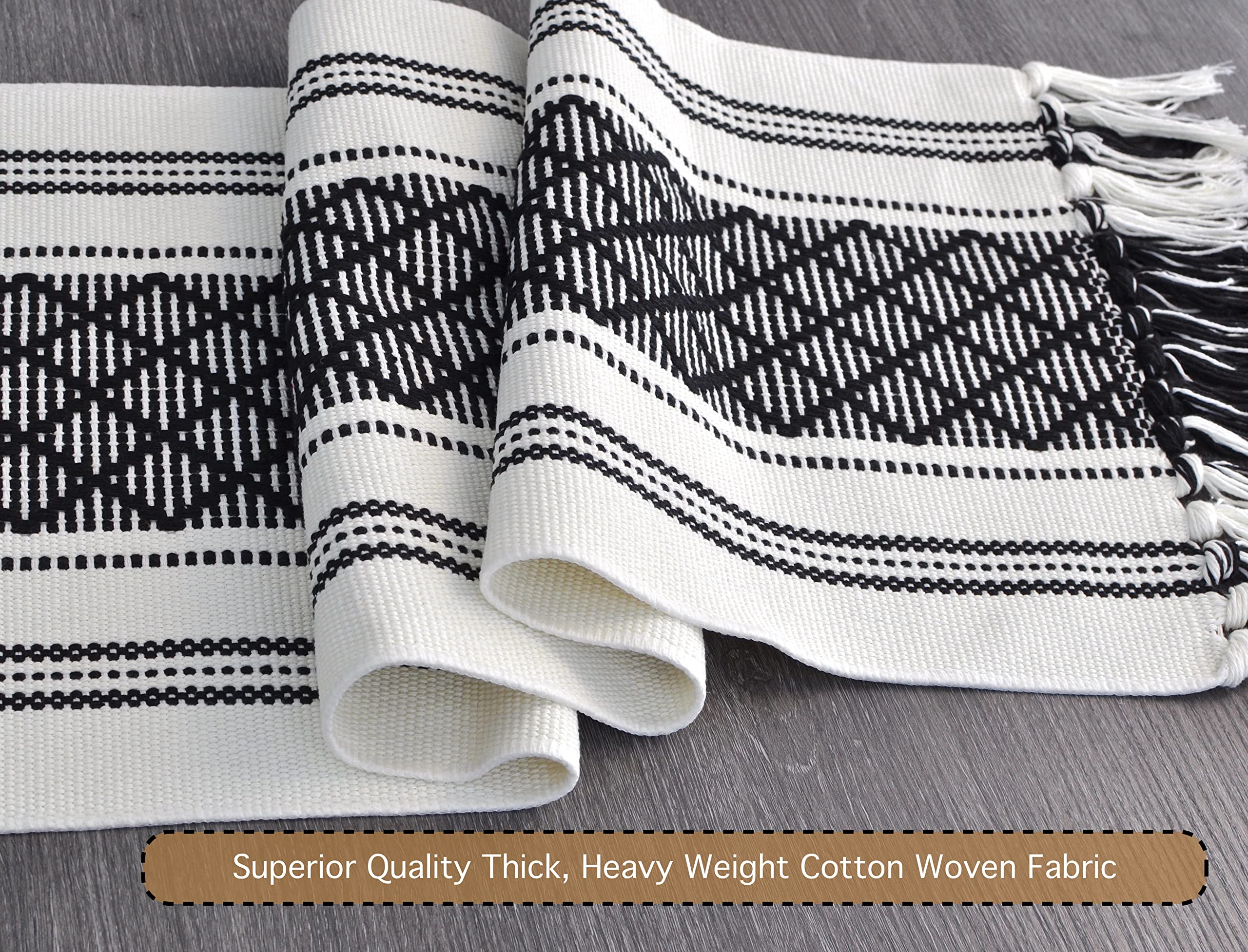 Oveesha Boho Table Runner With Tassel 14 X 72 Inches, Black & Cream | Woven Washable Dresser Scarf And Topper For Bedroom | Farm