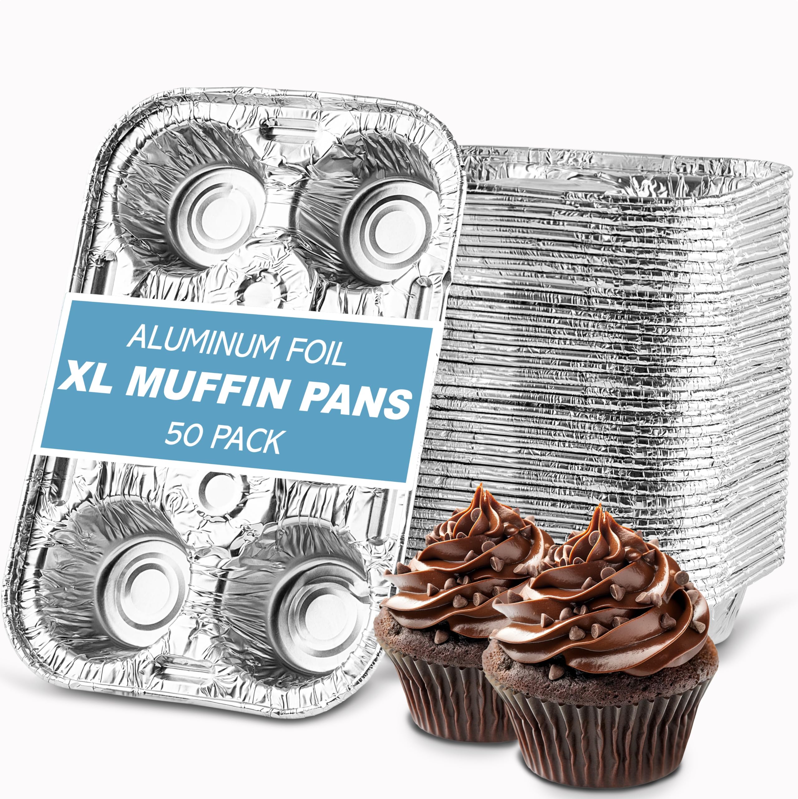 PLASTICPRO Aluminum Foil Muffin Pans Reusable and Disposable, Muffin & Pie foil Pan (50, 6 cavity XL)