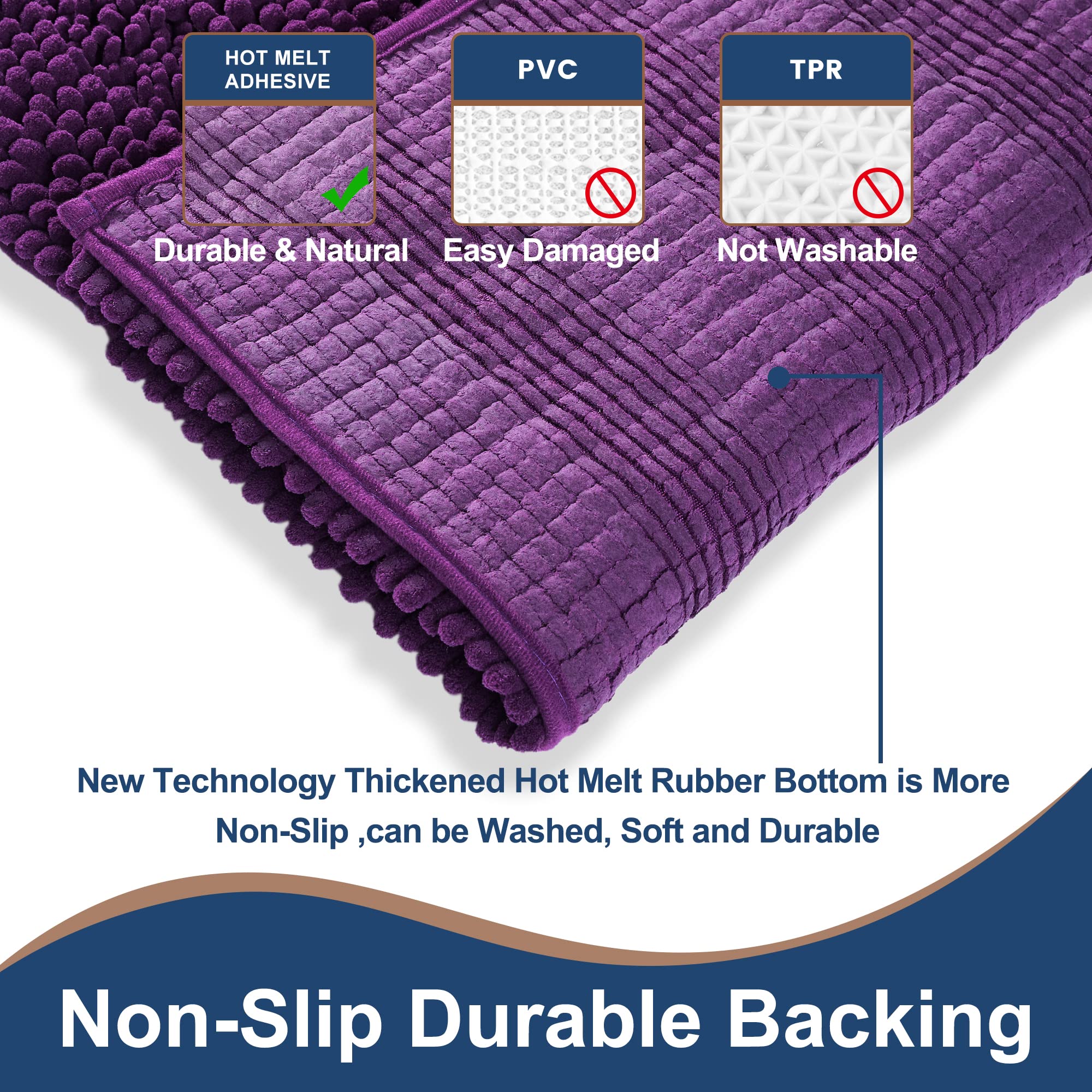 Floleopa Non Slip Thick Shaggy Chenille Plum Bathroom Rug Sets 2 Piece, Thickened Hot Melt Rubber Bottom Bath Mats For Bathroom,