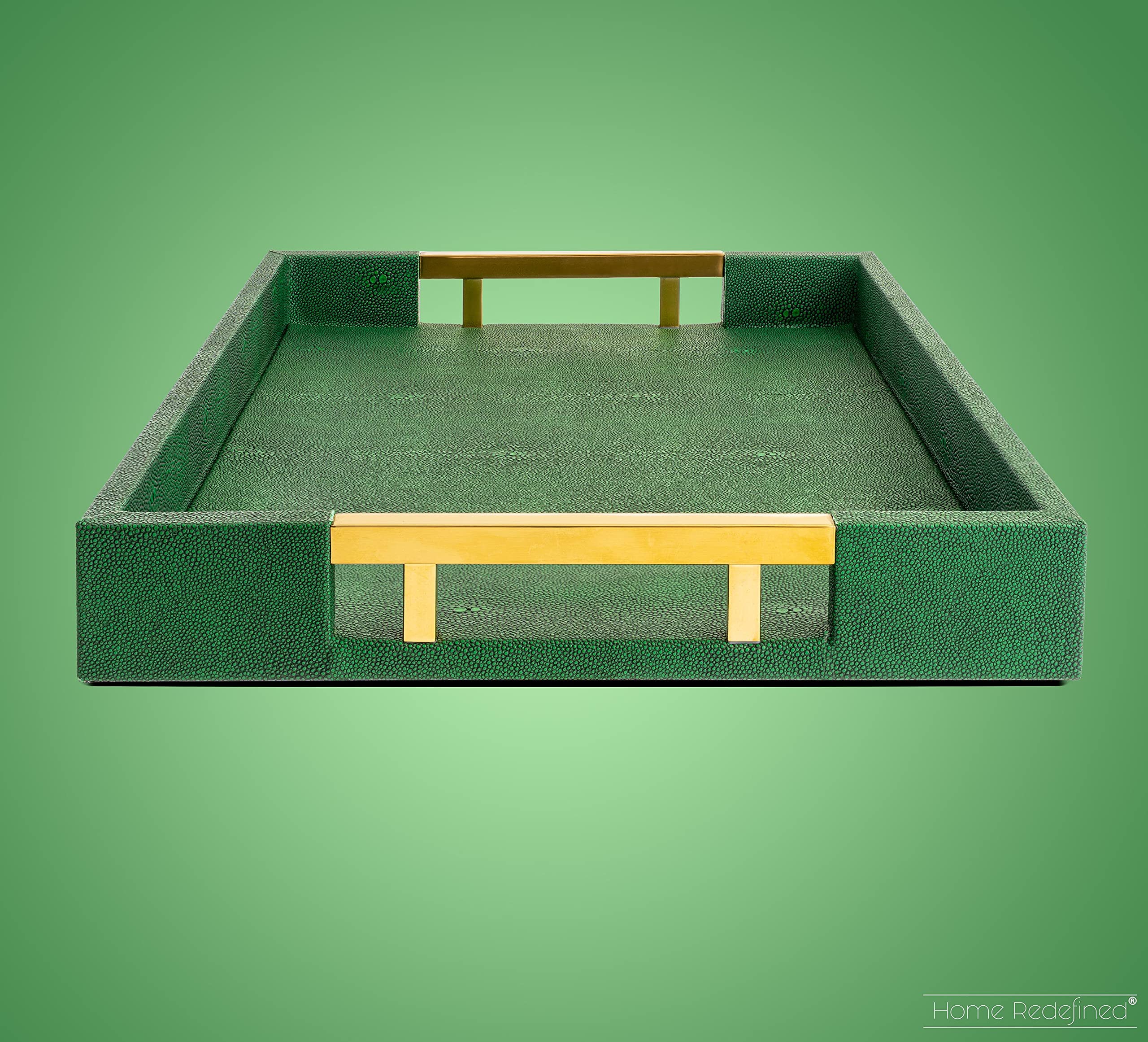 Modern Elegant 18''x12'' Rectangle Emerald Green Shagreen Decorative Ottoman Coffee Table Perfume Living Room Kitchen Serving Tray with Gold Polished Metal Handles by Home Redefined for All Occasion's