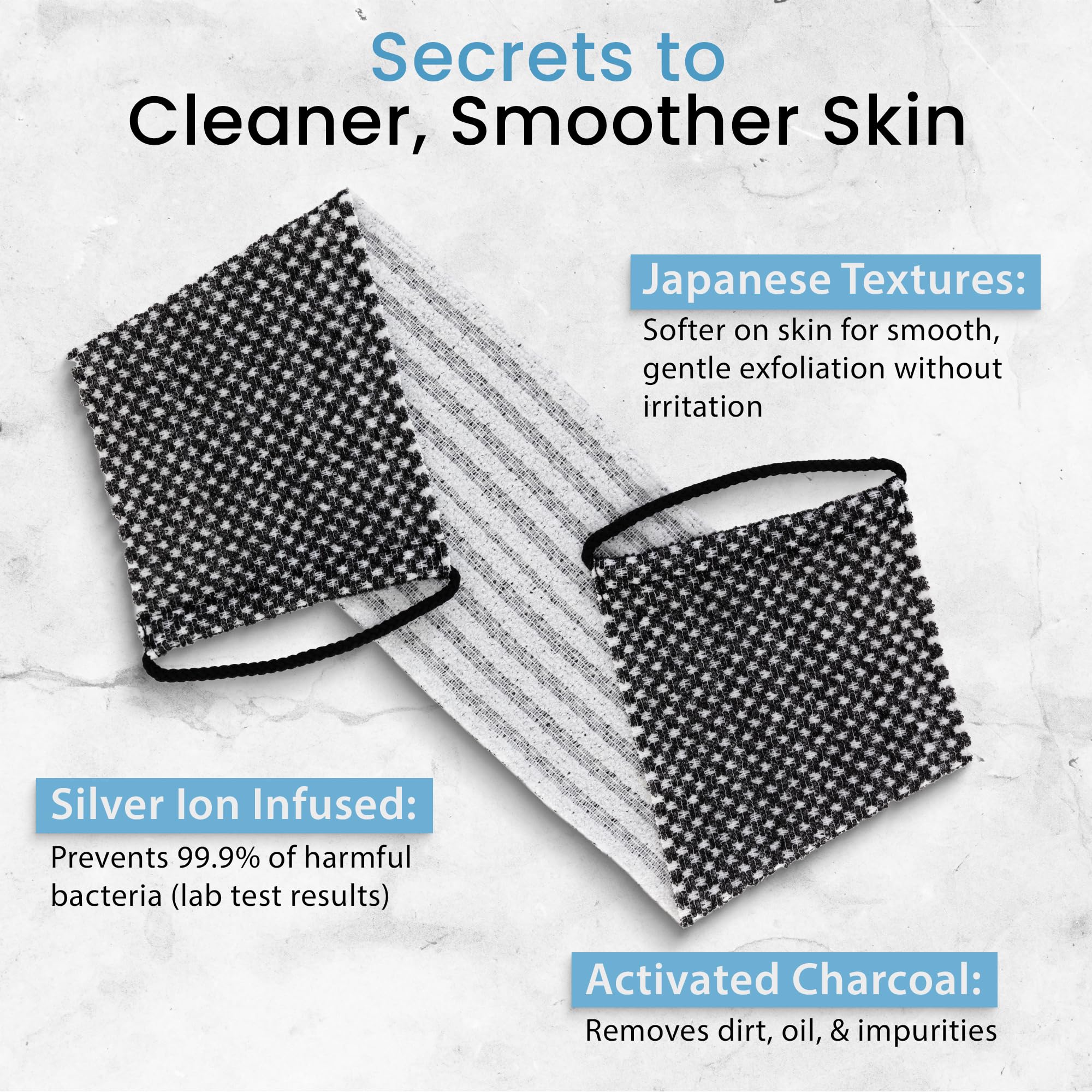 Japanese Exfoliating Washcloth For Back & Body 2-Pack - Charcoal & Silver Ion Exfoliating Towel With Handles - Two-Sided Gentle