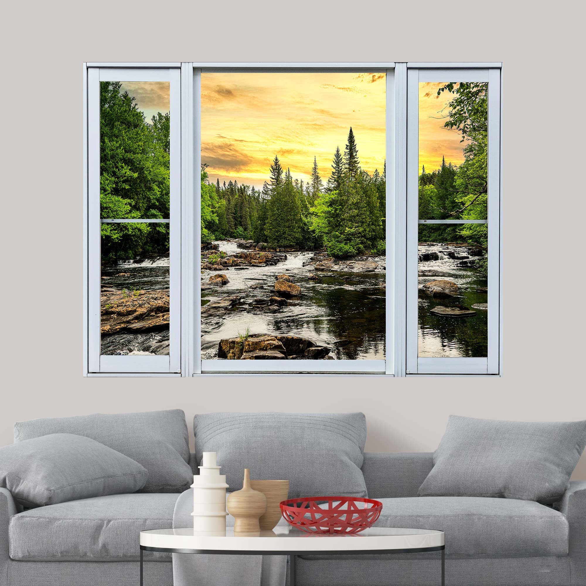 wall26 Removable Wall Sticker/Wall Mural Window View Sunset Dusk Pine Tree Forest Mountain Lake Nature Wilderness Photography Realism Landscape Multicolor for Living Room  Bedroom  Office - 36''x48''