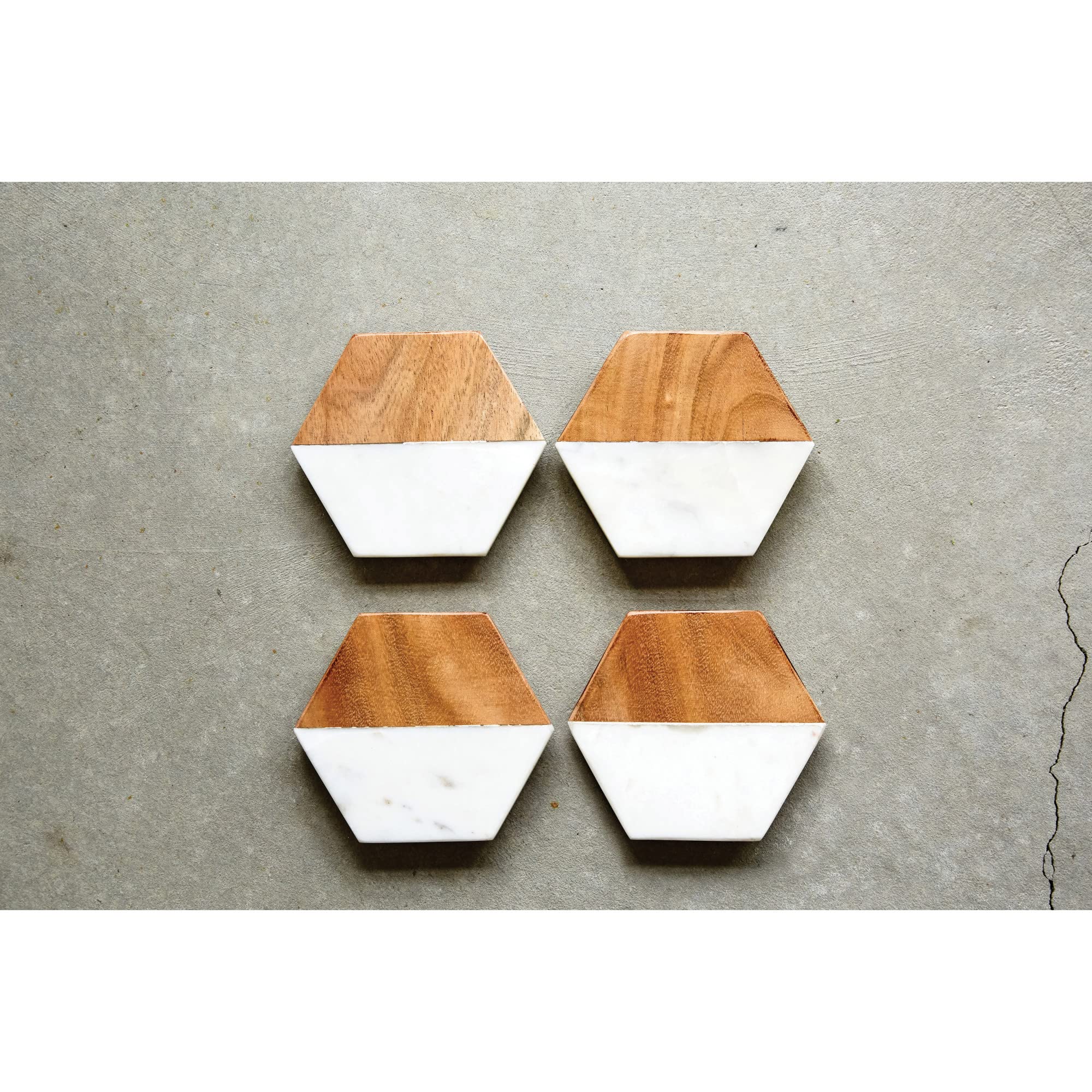 Creative Co-Op Marble And Natural Mango Wood Coasters (Set Of 4), Hexagon, Multicolored
