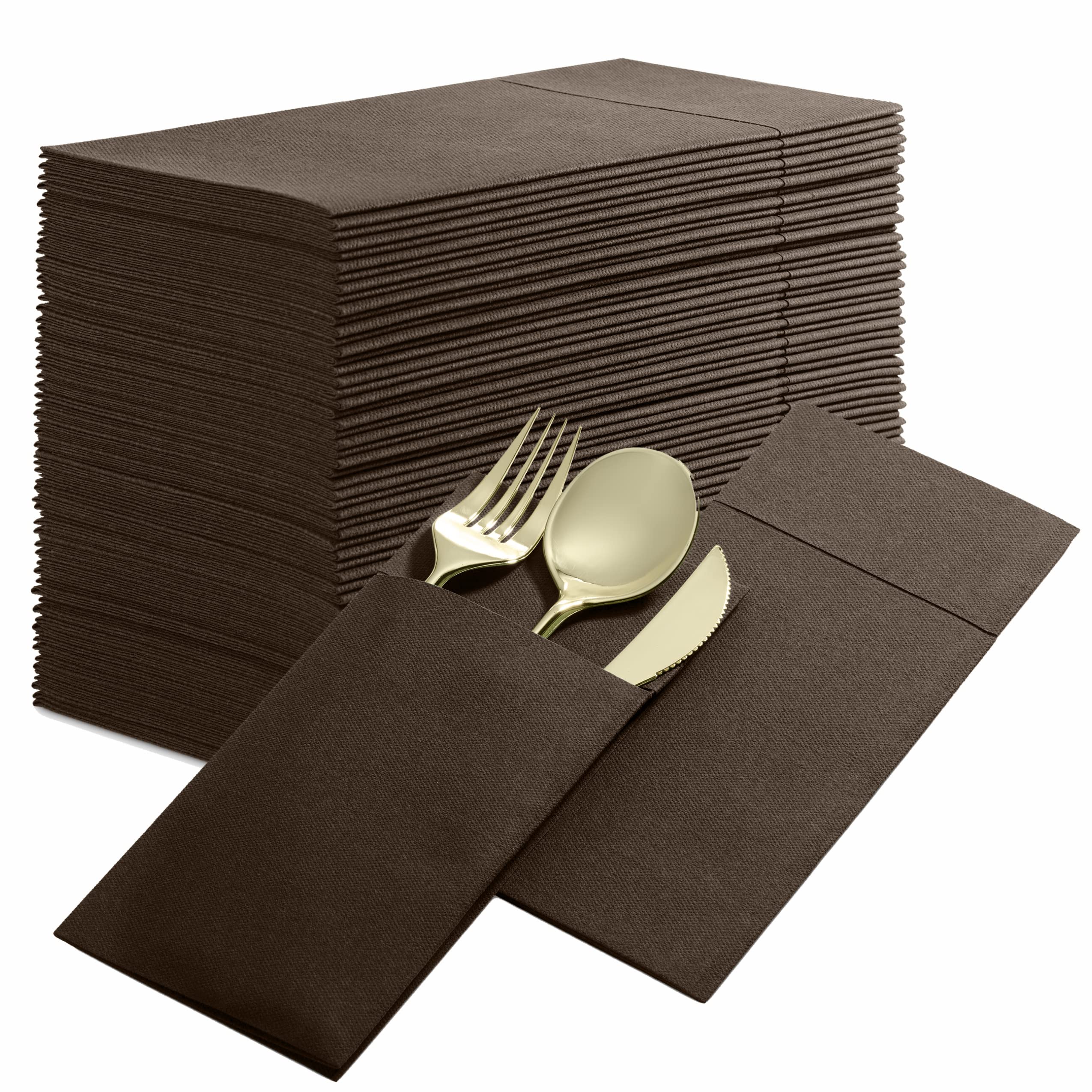 Disposable Linen-Feel Dinner Napkins With Built-In Flatware Pocket, 50-Pack Brown Prefolded Cloth Like Paper Napkins For Dinner,