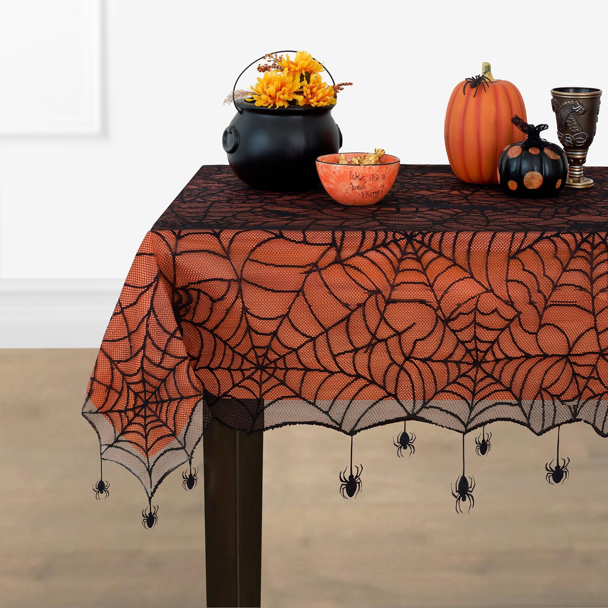 Elrene Home Fashions Crawling Spider Halloween Tablecloth Lace Lined With Removable Orange Plastic Liner, 60'' X 84'' Rectangle,