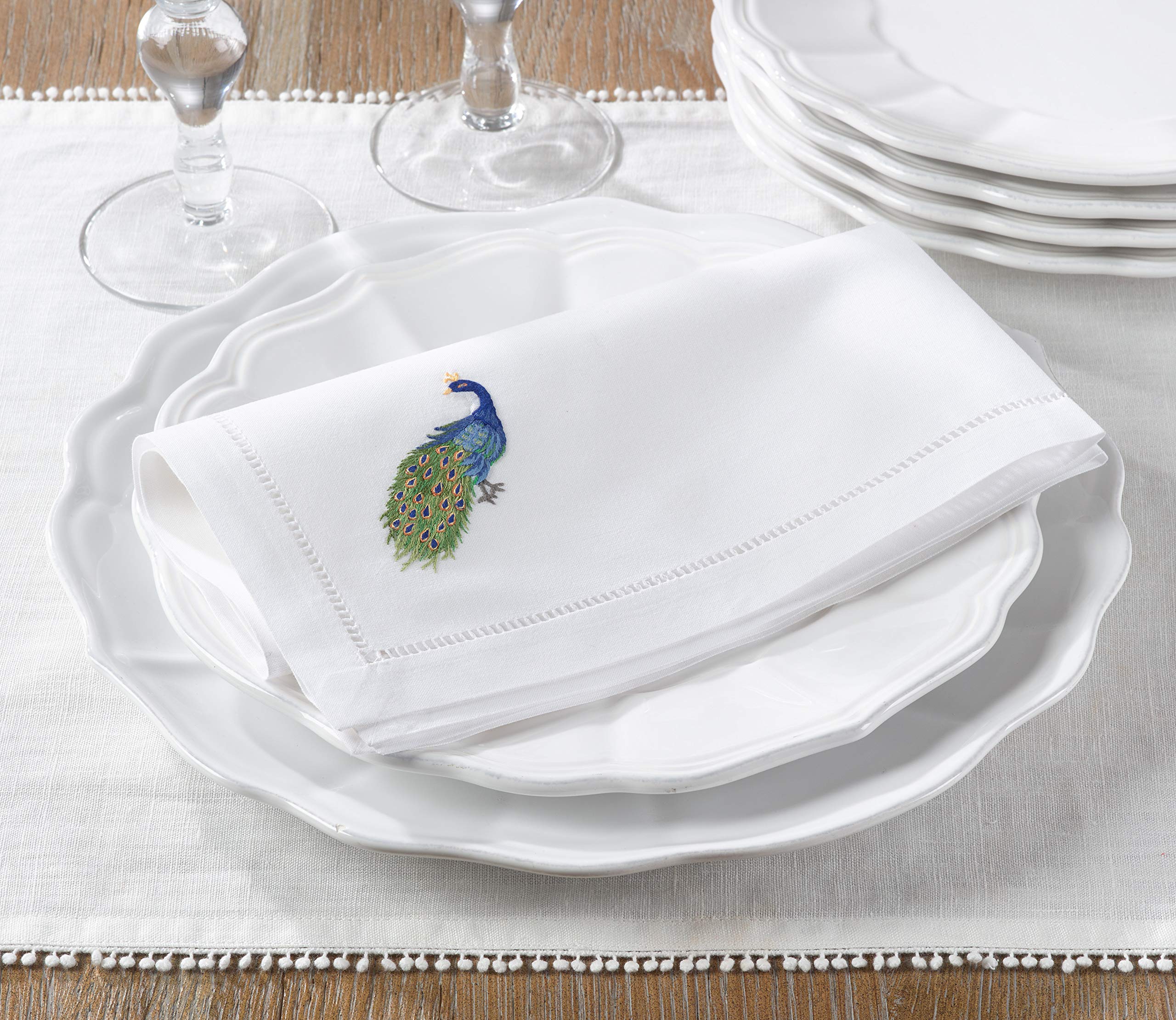 Saro Lifestyle Embroidered Peacock Table Napkin With Hemstitch Design (Set Of 6)