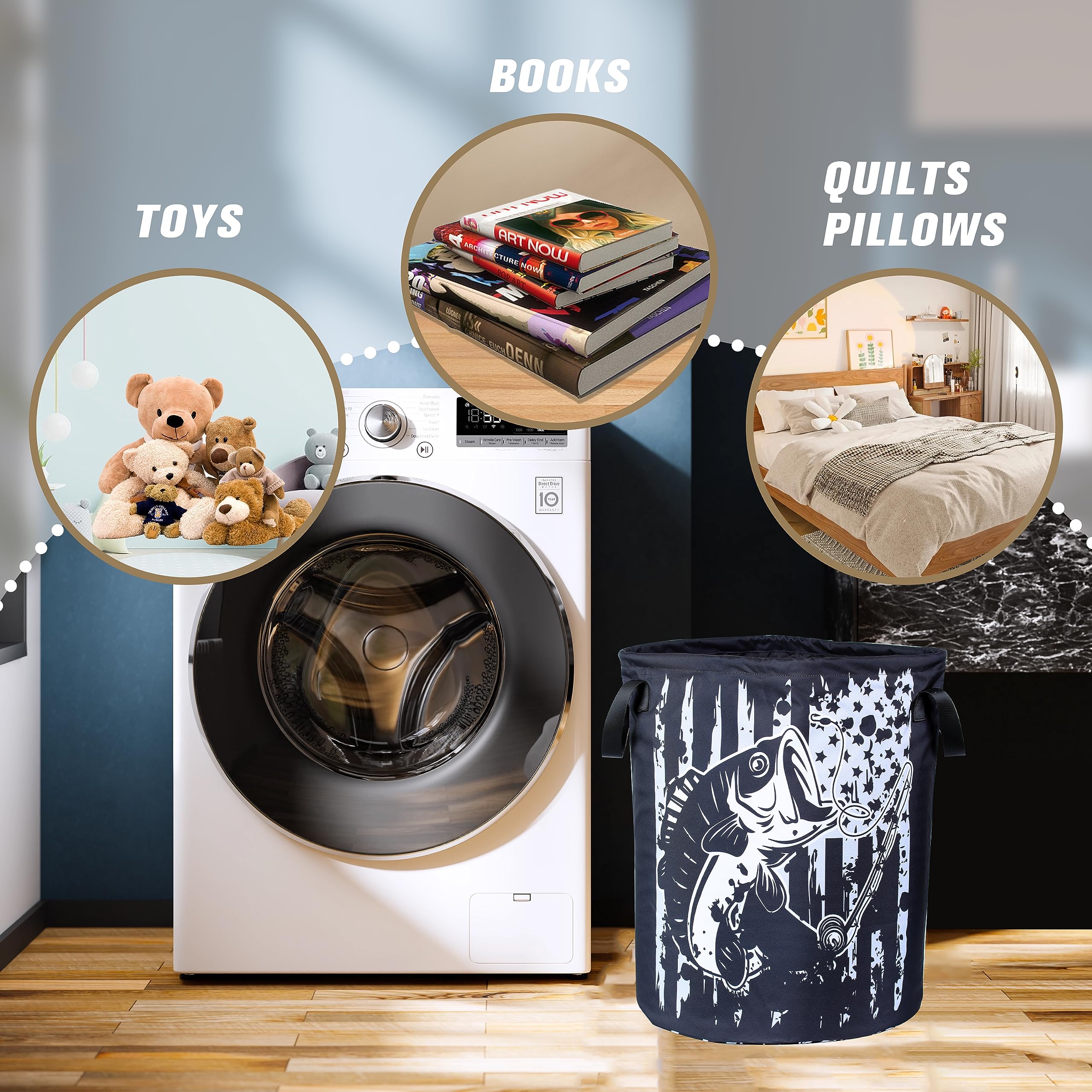 American Flag Bass Fish Laundry Basket Vintage Fishing Foldable Oxford Cloth Funny Tote Bag Laundry Hamper Clothes Storage Bucke
