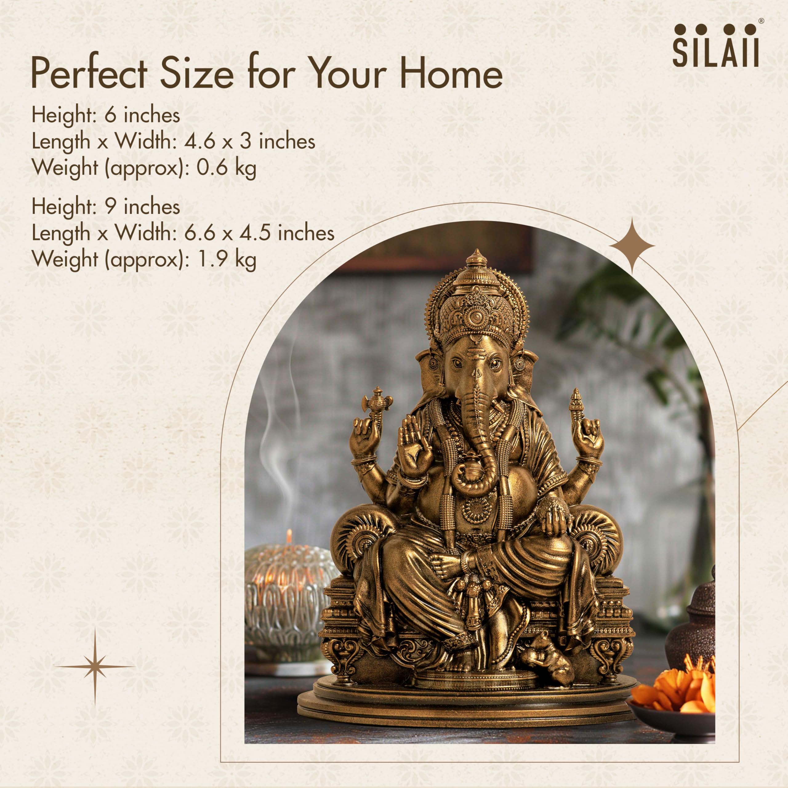 Silaii Lord Ganesha Divine Sculpture - 6 Inches, Handmade Home Decor Idol For Spiritual And Gifting Purposes, Gold