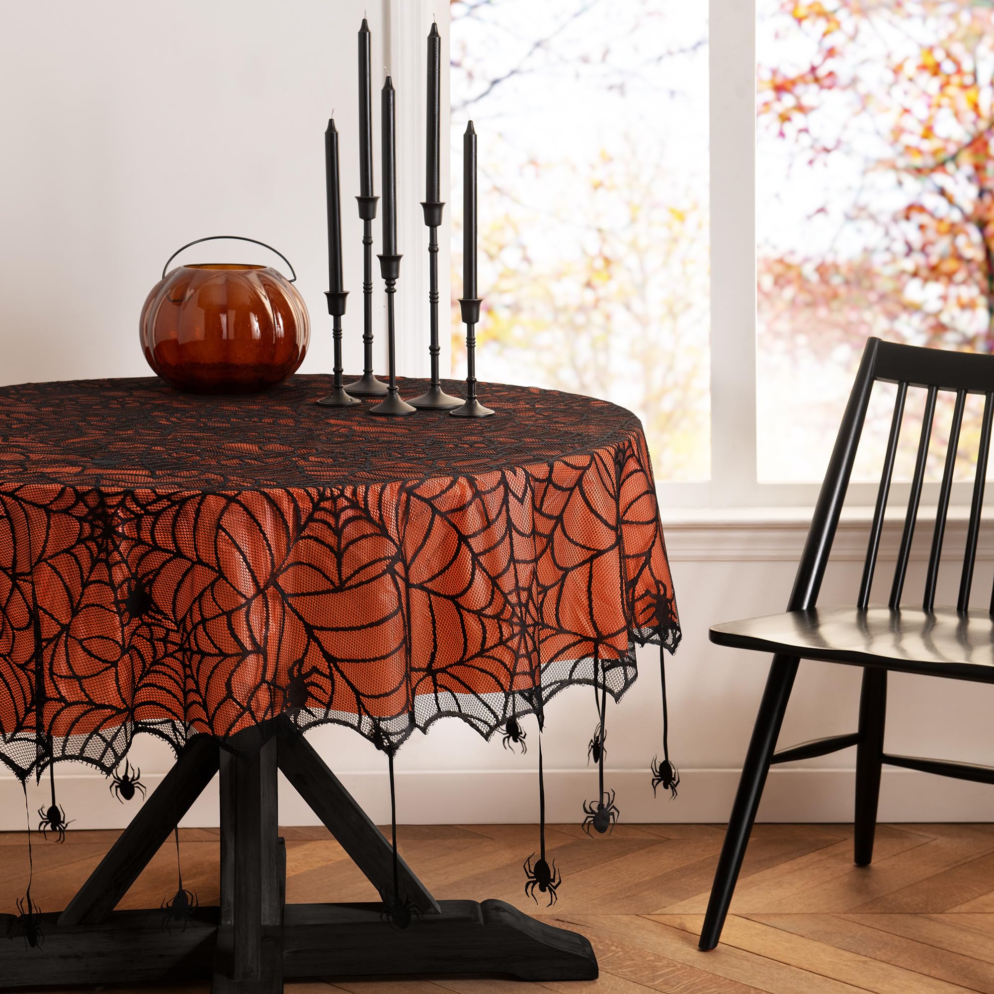 Elrene Home Fashions Crawling Spider Halloween Tablecloth Lace Lined With Removable Orange Plastic Liner, 70'' Round, Orange & B