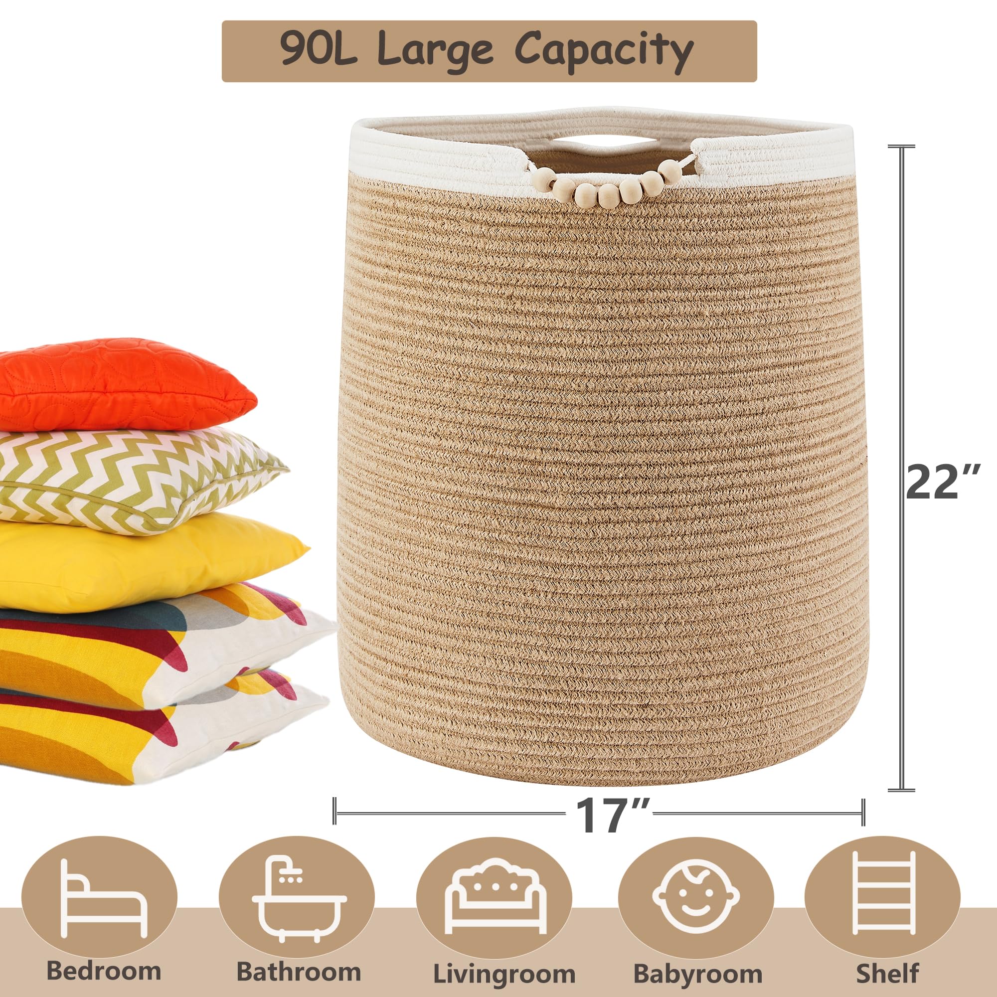 90L Large Woven Laundry Hamper Jute Rope Laundry Basket For Clothes Boho Tall Wicker Blanket Basket In Living Room Bedroom Baby