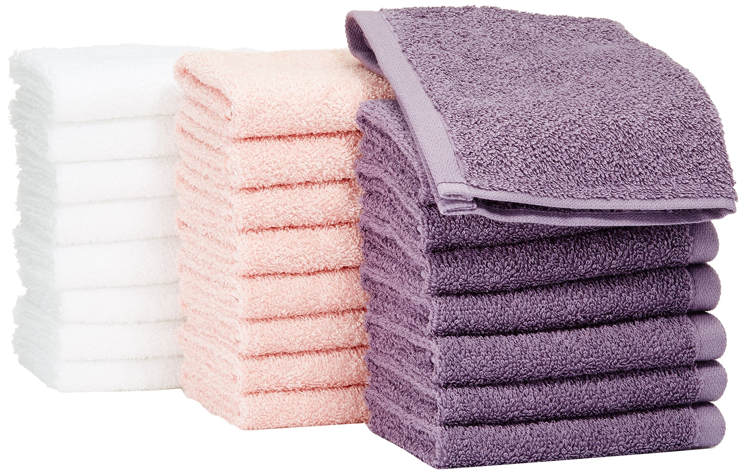 Amazon Basics Washcloth For Bathroom, 100% Cotton Extra Absorbent , Fast Drying - Salon Towels - 24-Pack, Petal Pink, Lavender,