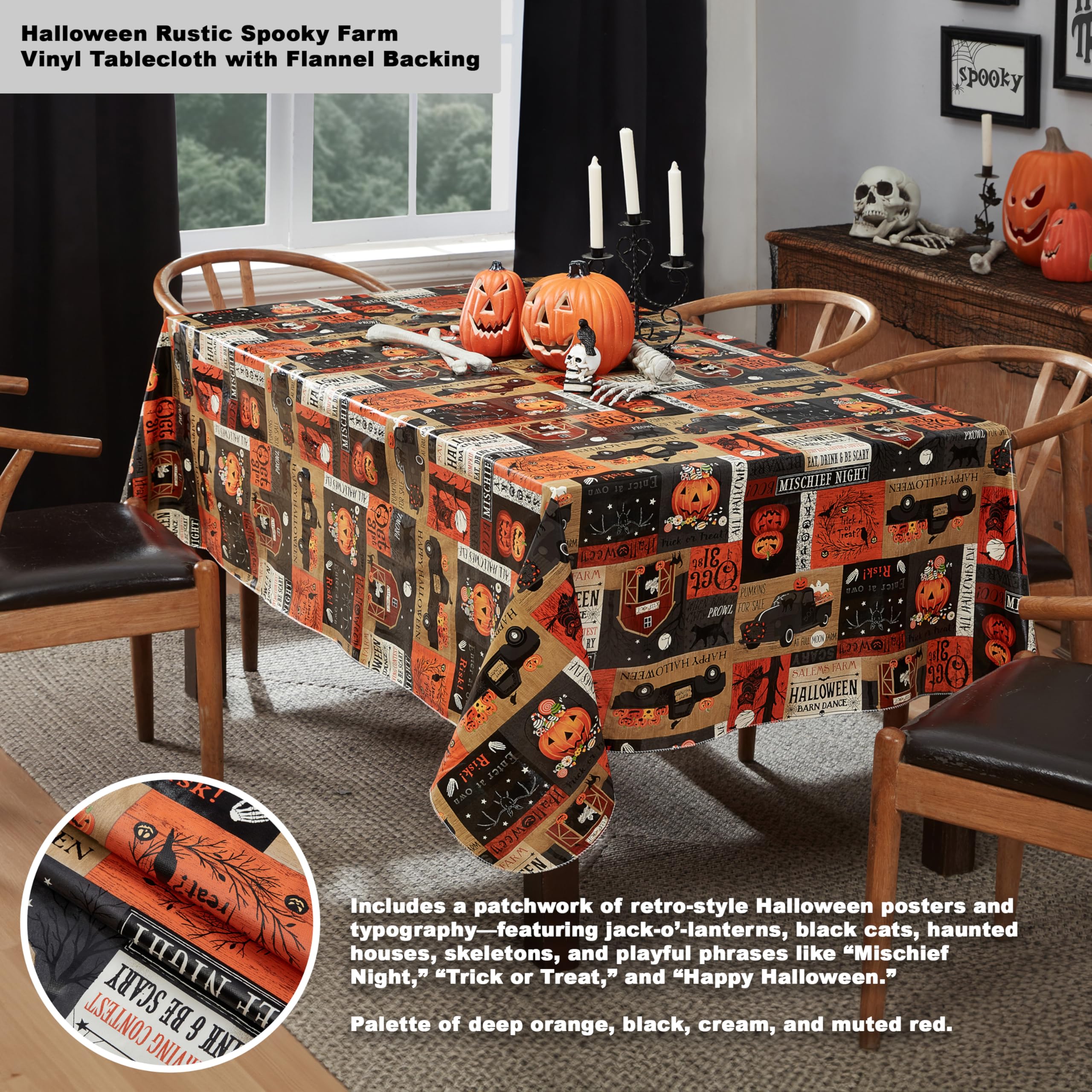 Newbridge Halloween Rustic Spooky Farm 52 x 70 Inch Rectangle Vinyl Tablecloth with Flannel Backing