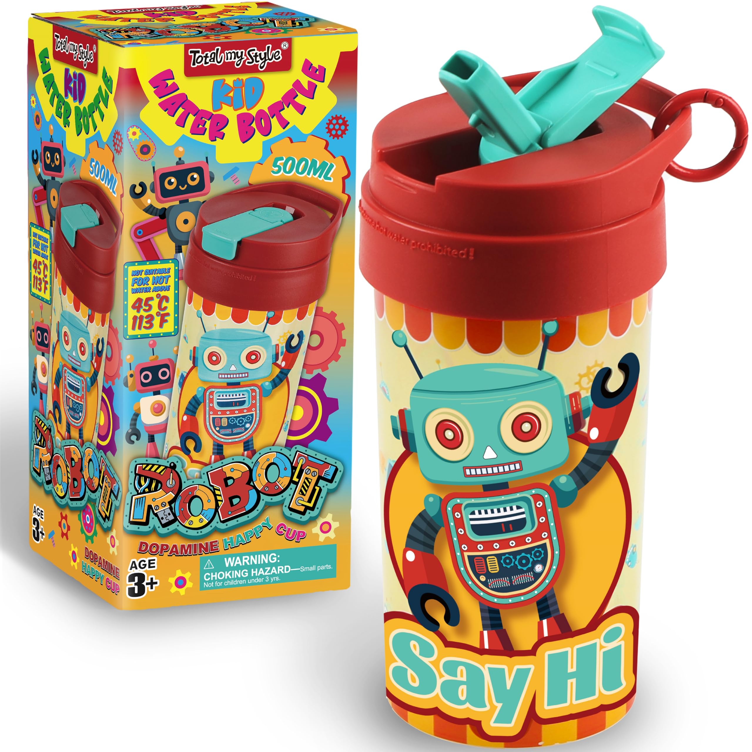 Total my Style 17oz Robot Kids Water Bottle, Toddler Spout Cover and Carry Handle Design Lid Leak Proof BPA free Cup for Boys Ag