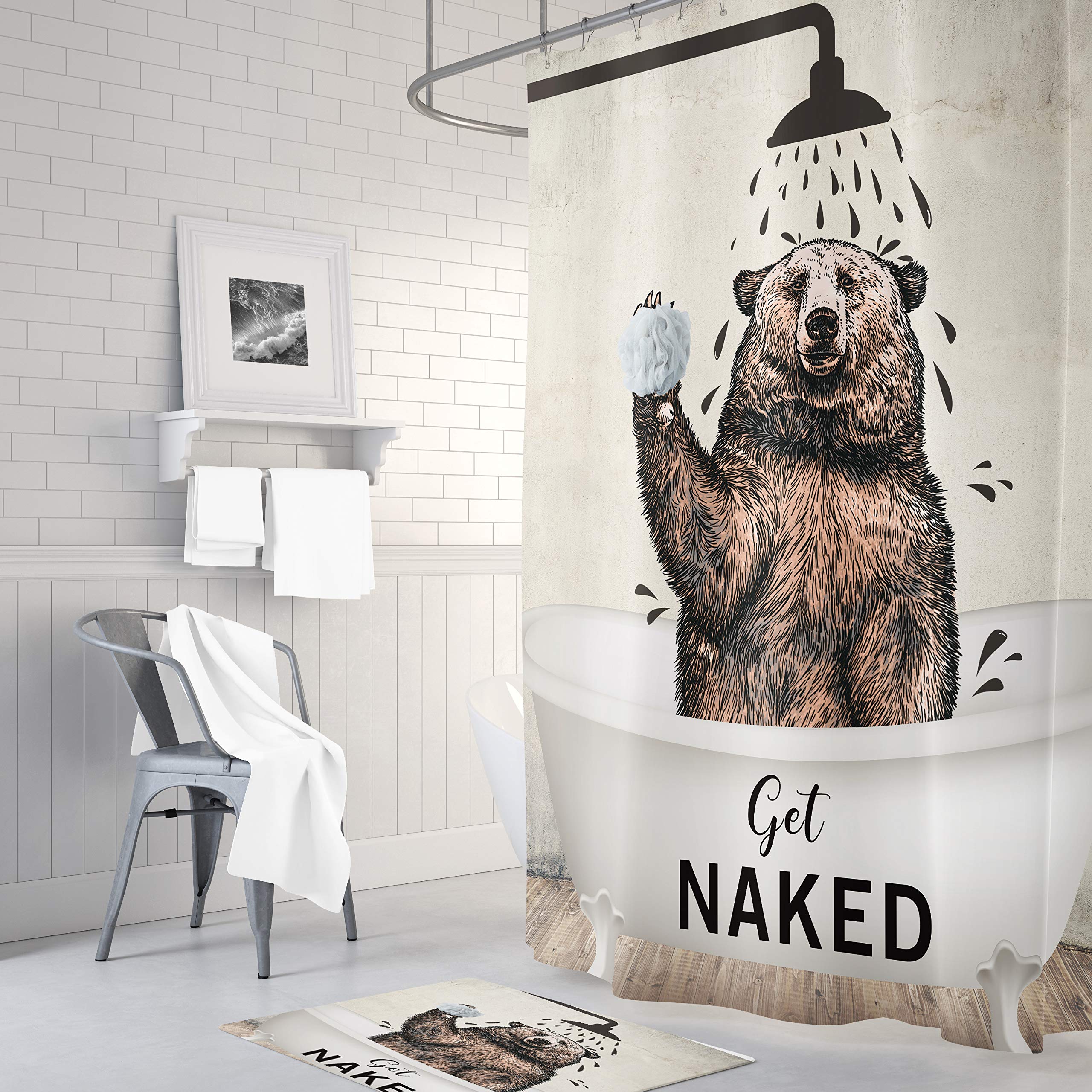 Yookeb Bear Funny Animal Get Naked Bathroom Shower Curtain 71W By 71H Inch Brown Cute Bathtub Farmhouse Kids Polyester Fabric 12