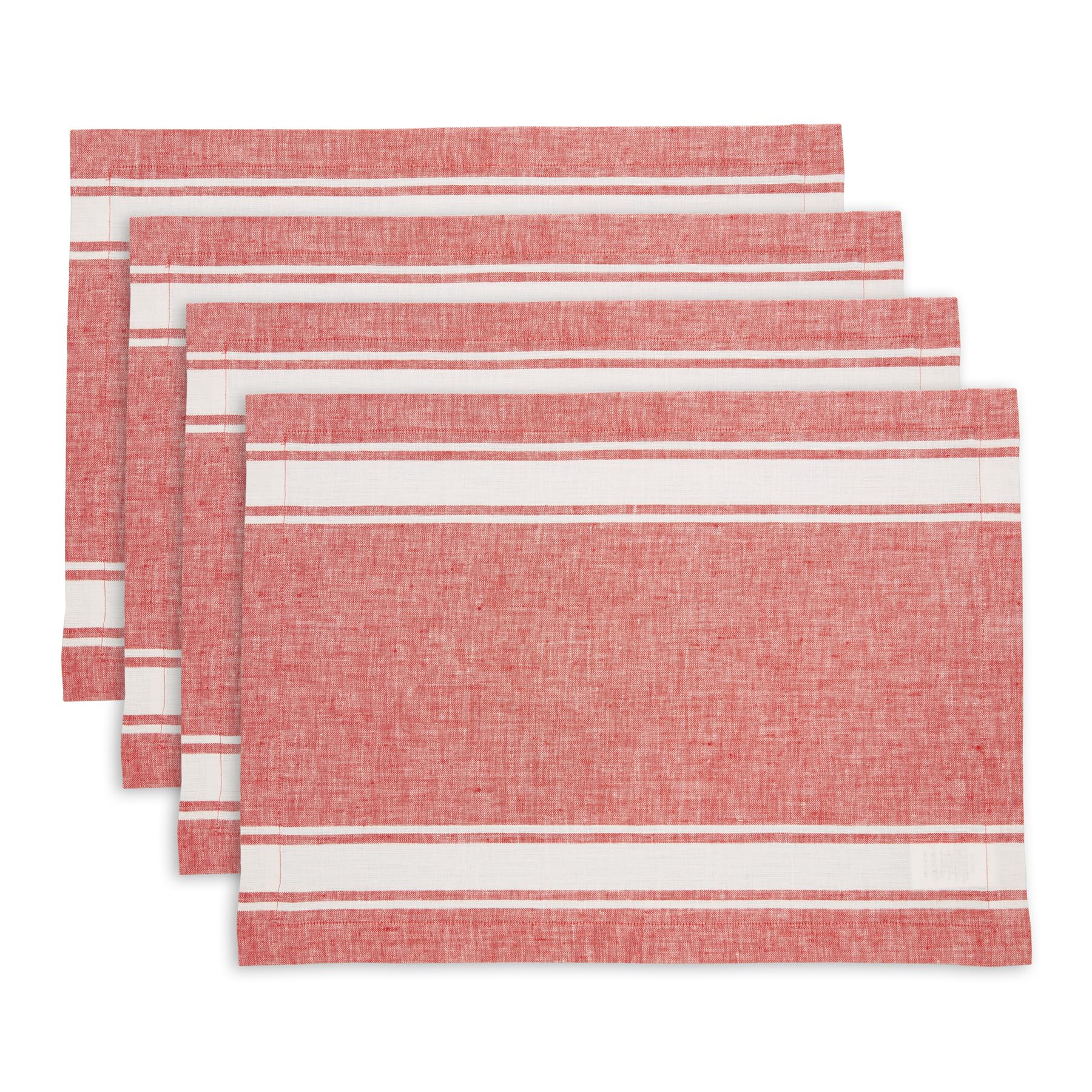 Solino Home Stripe Linen Placemats 19'' L X 14'' W Inch - 100% Pure Linen Farmhouse Stripe Red And White Cloth Placemats Set Of