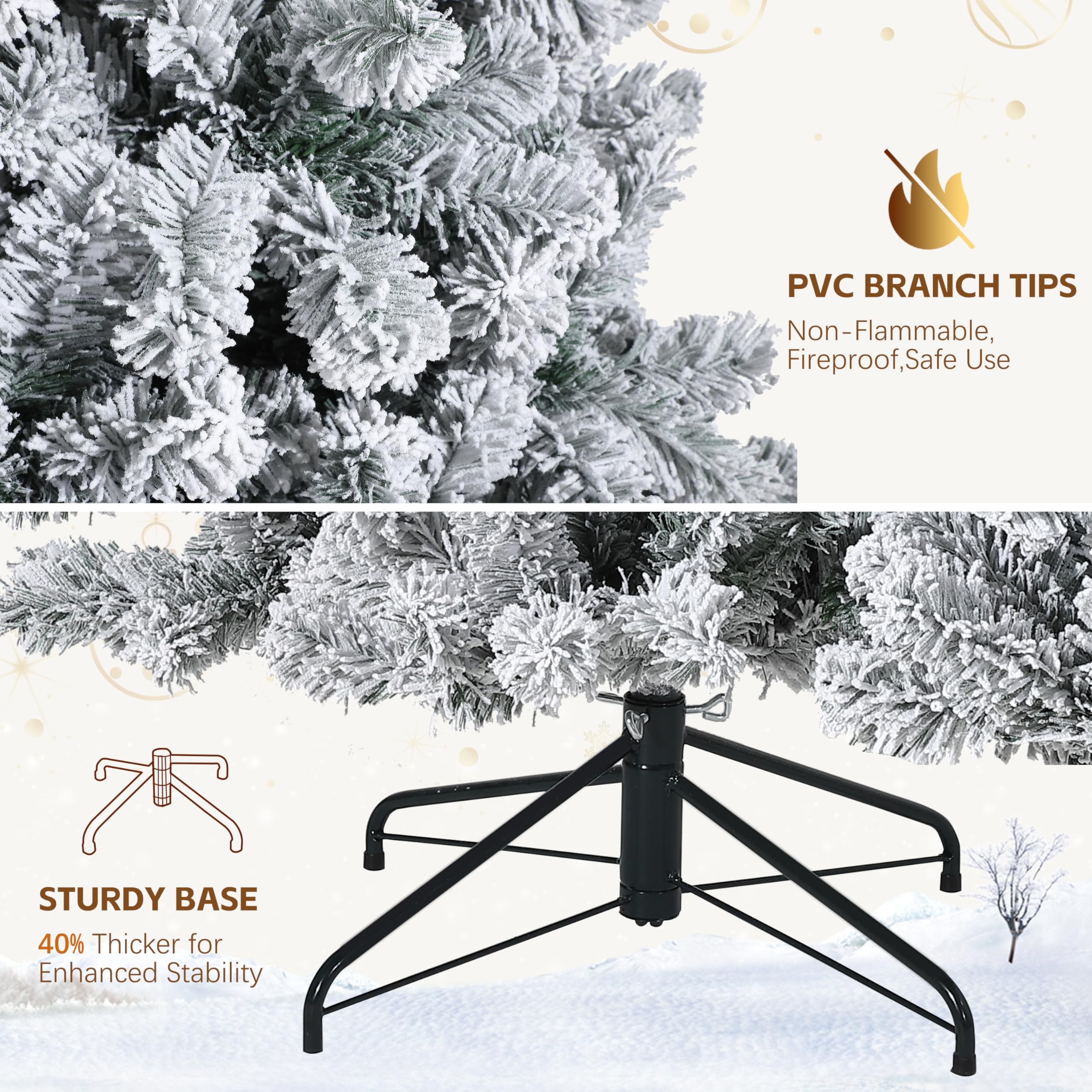 6 ft Christmas Tree, Christmas Decorations with 250 Lights, Pre-lit Artificial Christmas Tree with 710 Snowy White PVC Branches,