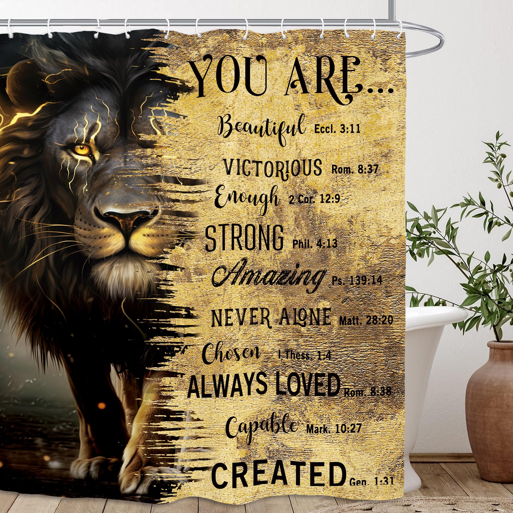 Kalmico Lion Man Masculine Shower Curtain 60Wx72L Inch Black Gold Inspirational Motivational Quotes Bible Cool Contemporary Bath