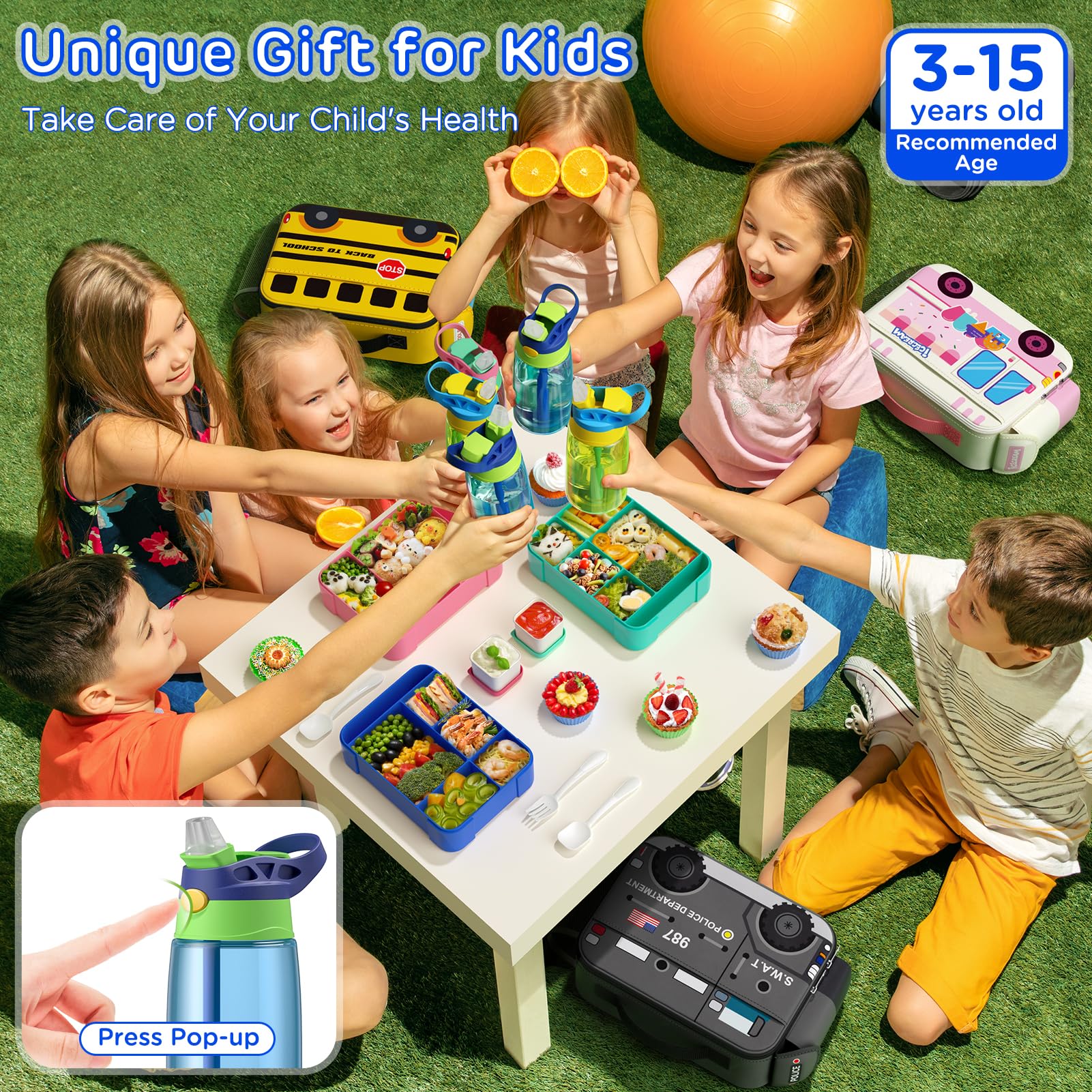 Time4Deals Kid Bento Lunch Box Set, Insulated Lunch Bag With 6 Compartment Bento Box Ice Pack Water Bottle Muffin Cup Spoon Snac
