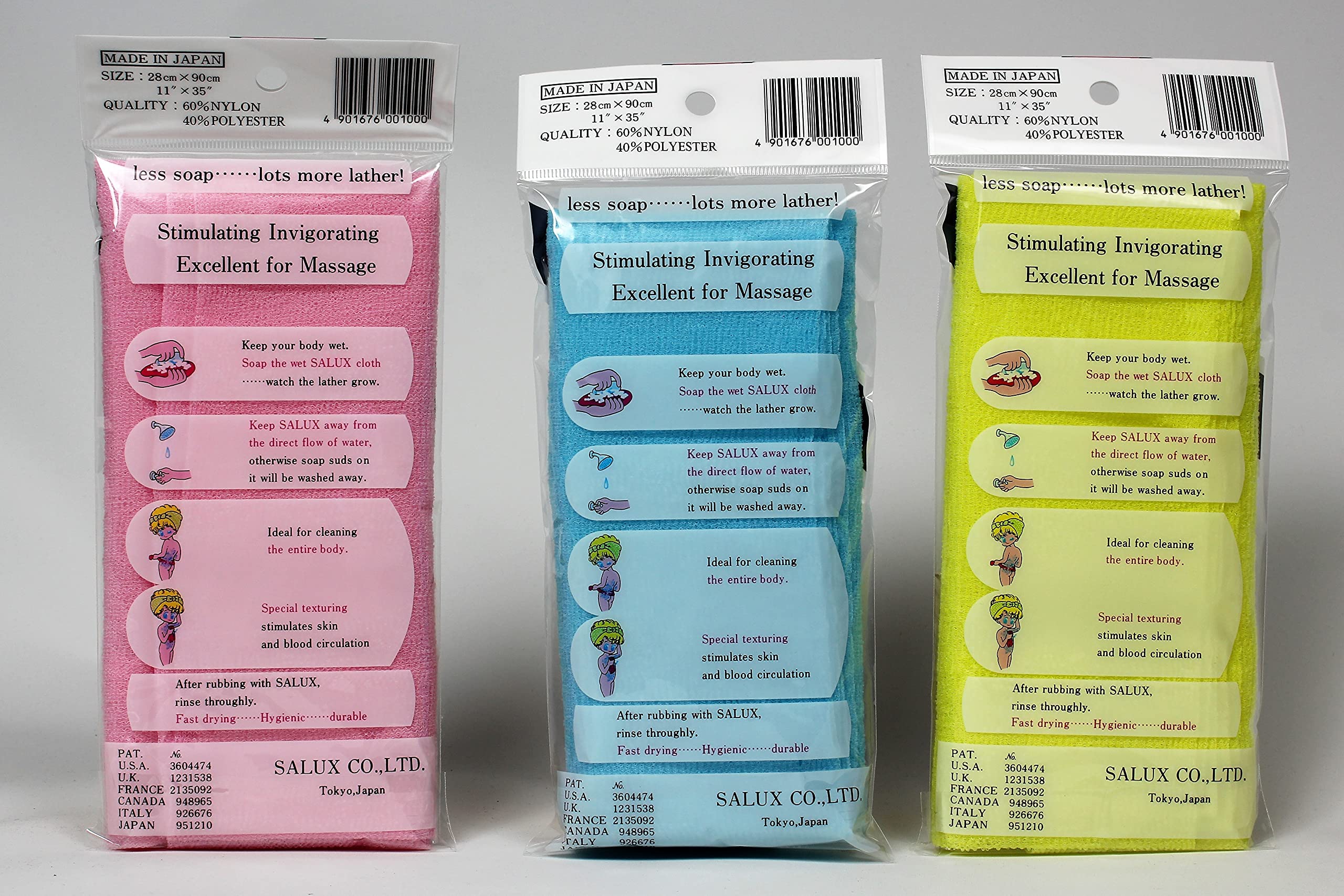 Salux Nylon Japanese Beauty Skin Bath Wash Cloth Towel 3 Count Pink Yellow Blue