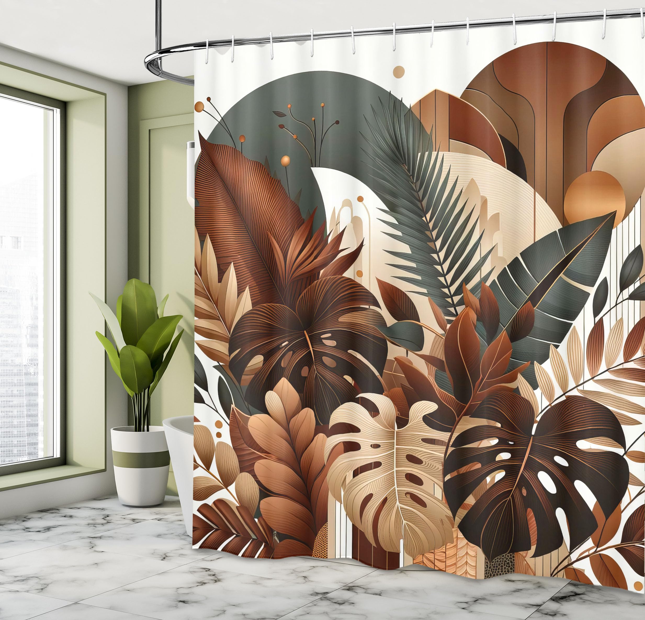 Ambesonne Brown Shower Curtain, Earthy Jungle Exotic Leaves On Mid Century Modern Circles Vintage Botany, Cloth Fabric Bathroom