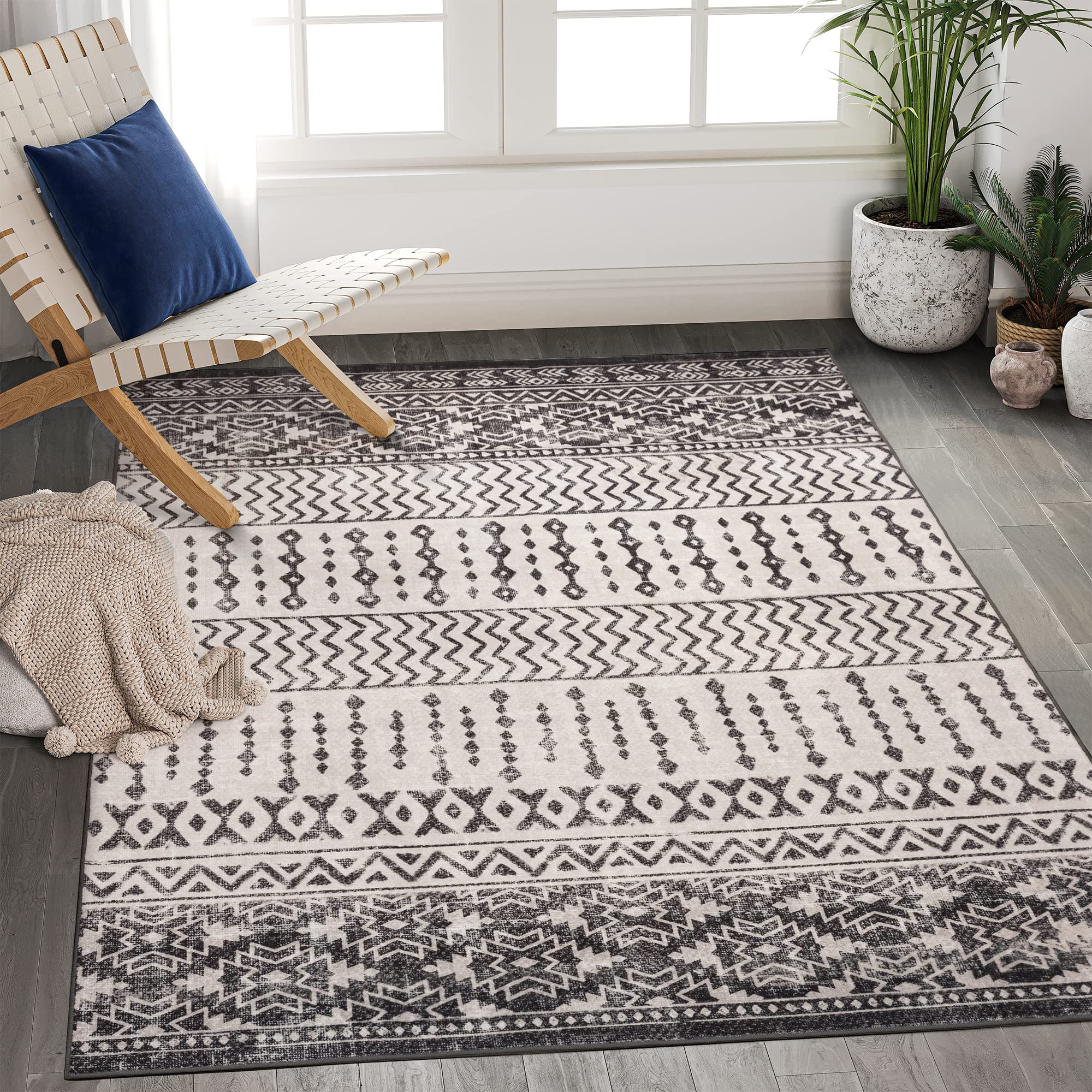 Art&Tuft 6x9 Area Rug, Super Soft Ultra-Thin Moroccan Washable Rug, Anti-Slip Backing Rugs for Living Room, Foldable Geometric M