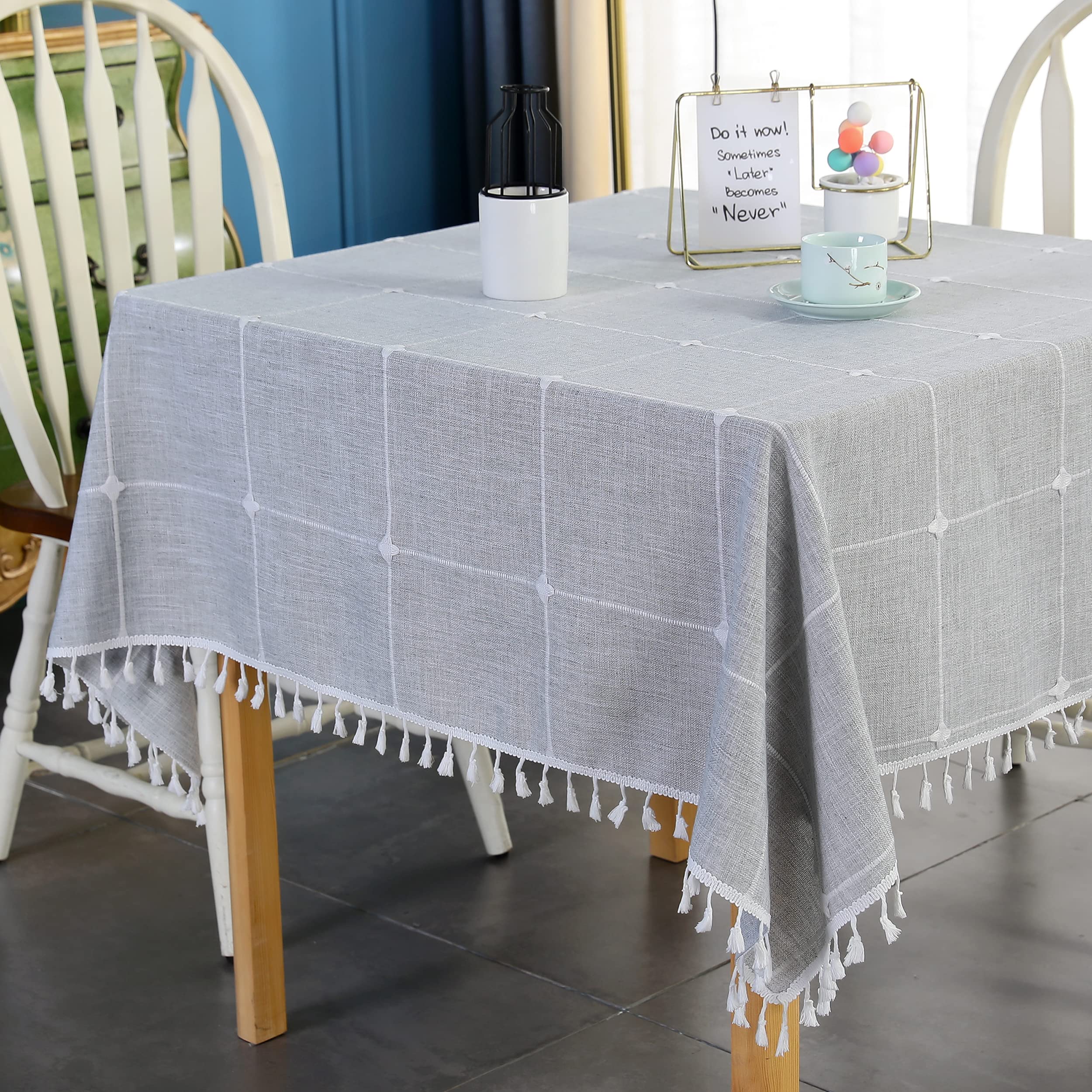 Grey Embroidery Lattice Square Tablecloth with Tassel Heavy Duty Rustic Fabric Table Cover Wrinkle Resistant Washable Kitchen Dining Party Wedding Decoration 70 x 70 Inches