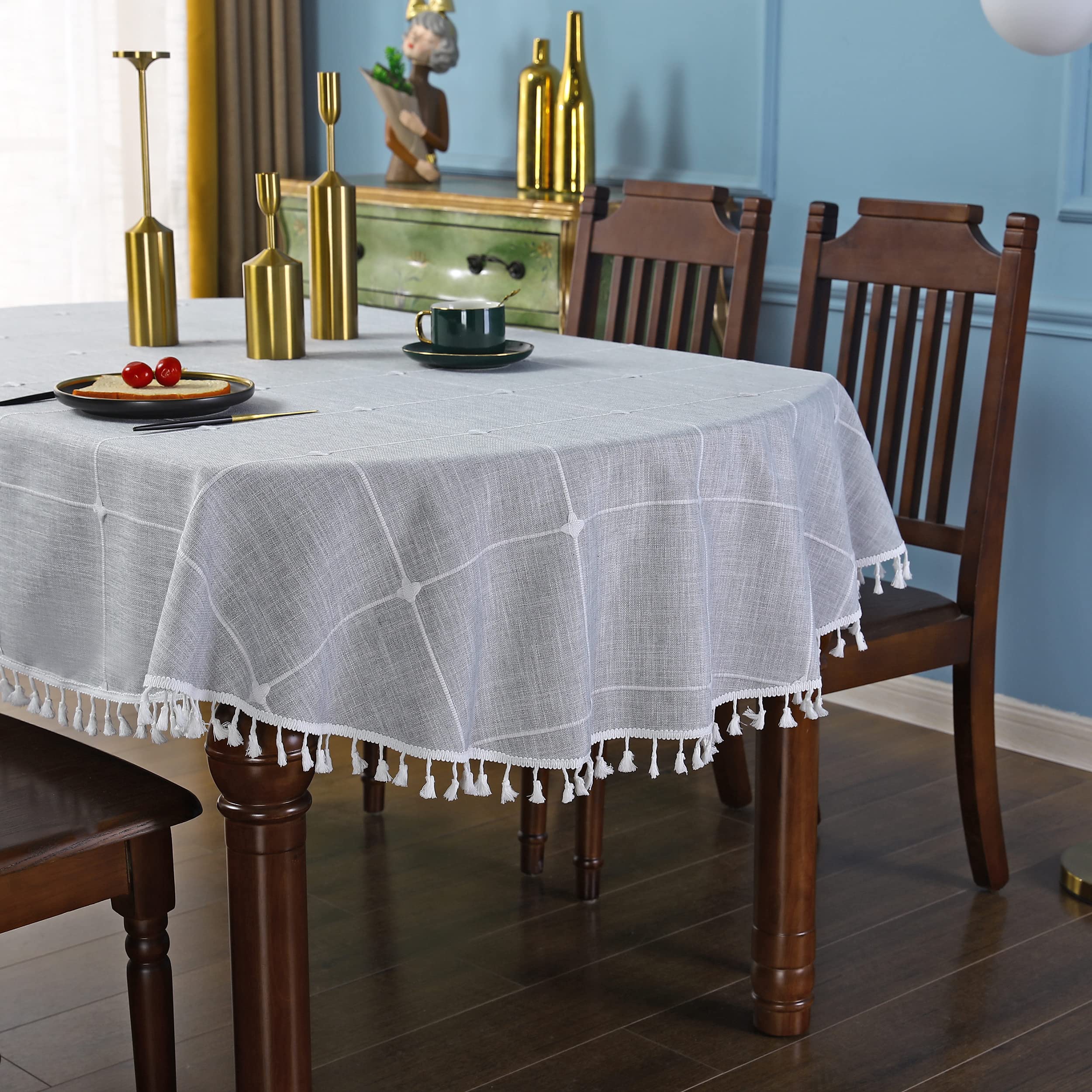 Grey Embroidery Lattice Oval Tablecloth With Tassel Heavy Duty Rustic Fabric Table Cover Wrinkle Resistant Washable Kitchen Dini