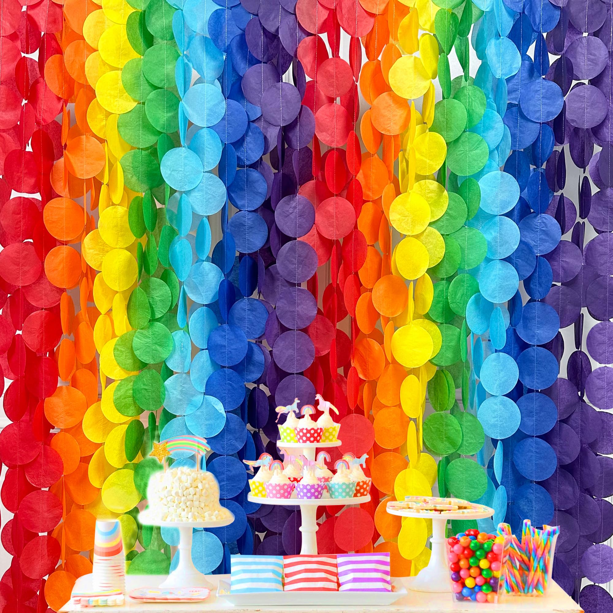 205Ft Rainbow Party Decorations Big Polka Dots Tissue Paper Backdrop Streamer Colorful Circle Dots Hanging Curtain Garland For B
