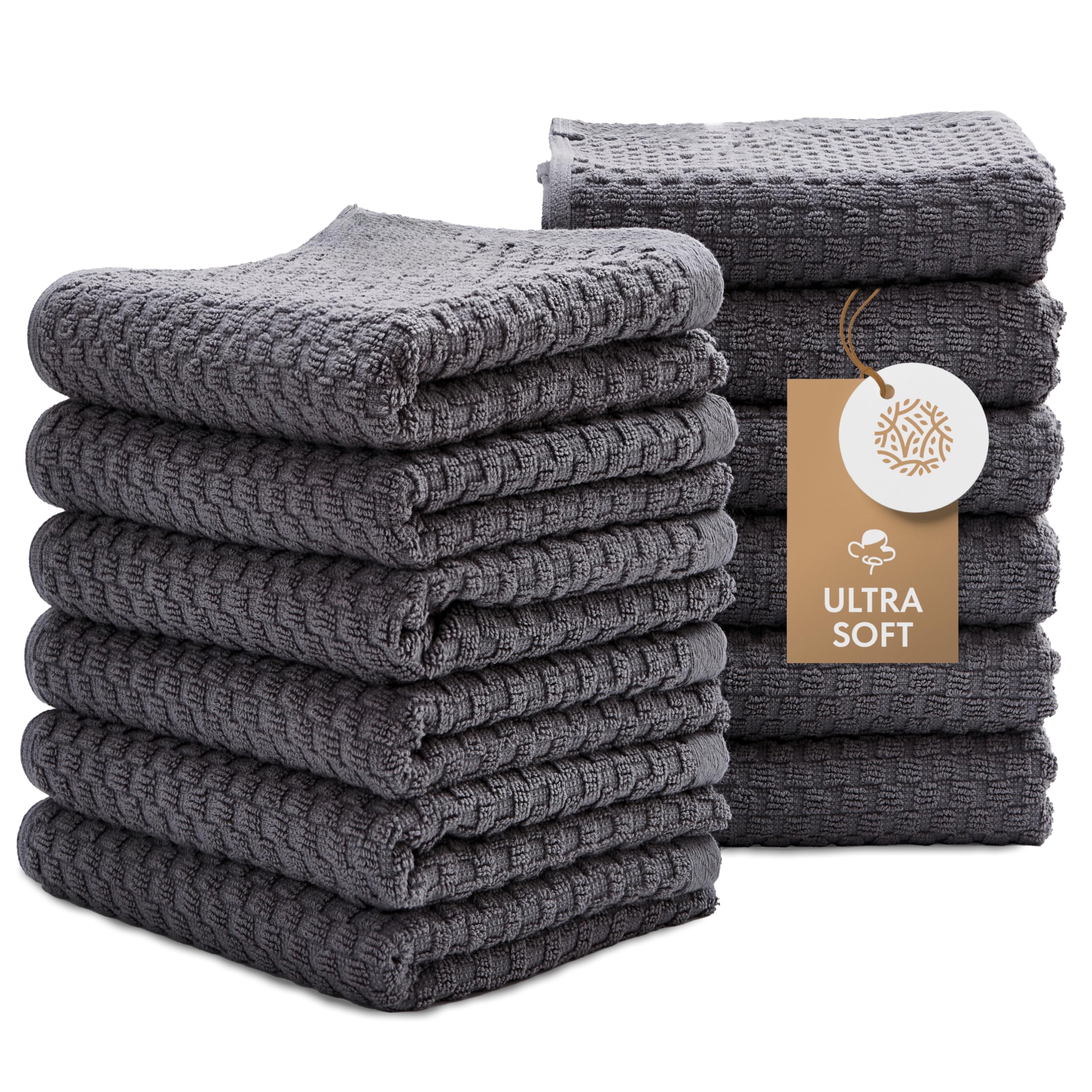 Super Absorbent Kitchen Towels 12 Pack - Premium 100% Cotton Kitchen Towels, 450Gsm Thick Machine Washable Gray Dish Towels For