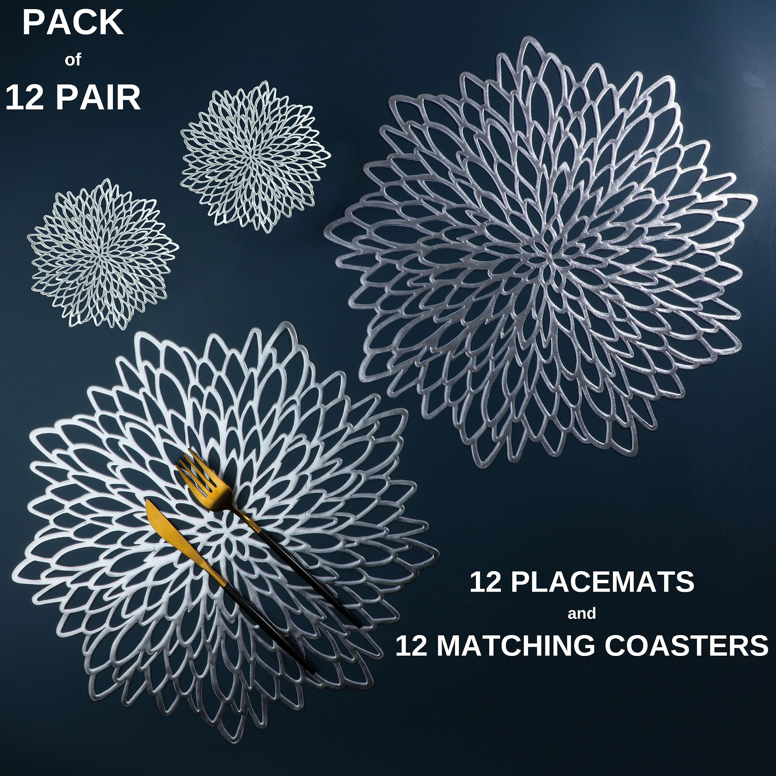 Snowkingdom 12 Pairs Of Silver Placemats & Coasters 24 Pcs Matching, Metallic Vinyl Dinning Table Mats, Round Flower Charger Pla