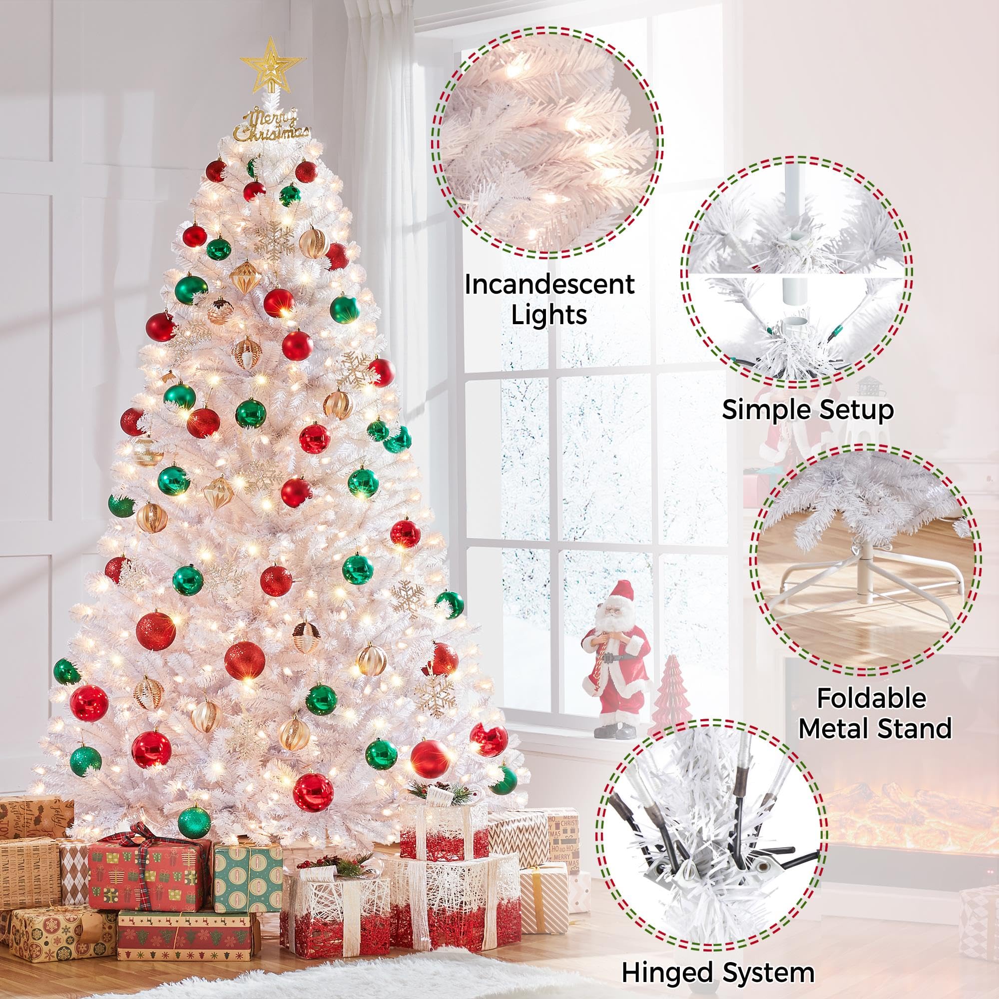 Yaheetech 7.5ft Pre-lit Spruce Artificial Hinged Christmas Pine Tree Prelighted Holiday Xmas Tree for Home Party Decoration with