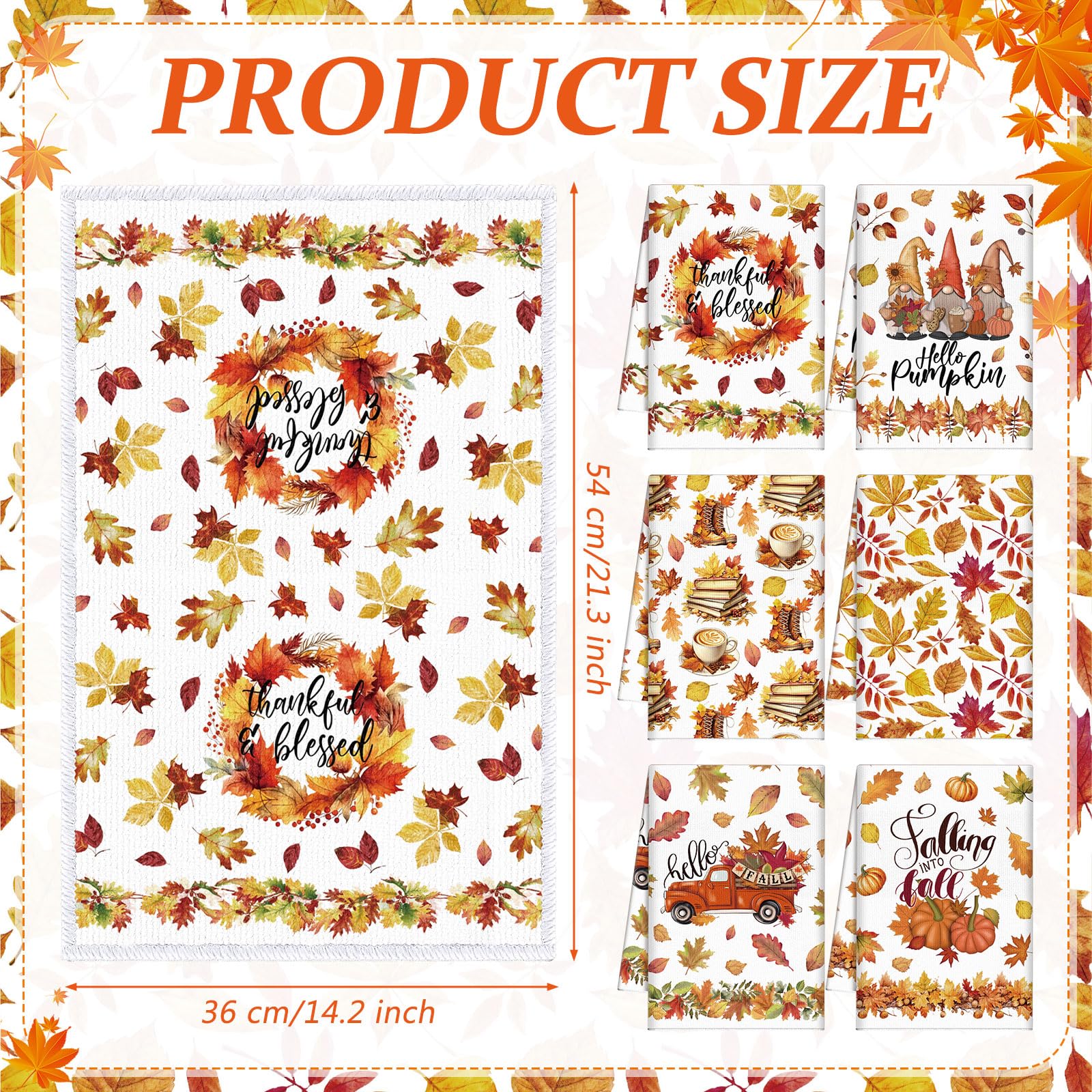 Windkream 6 Pieces Thanksgiving Kitchen Towels Maple Leaves Gnome Pumpkin Dishtowels 21.26 x 14.17 Inches Orange Autumn Bathroom