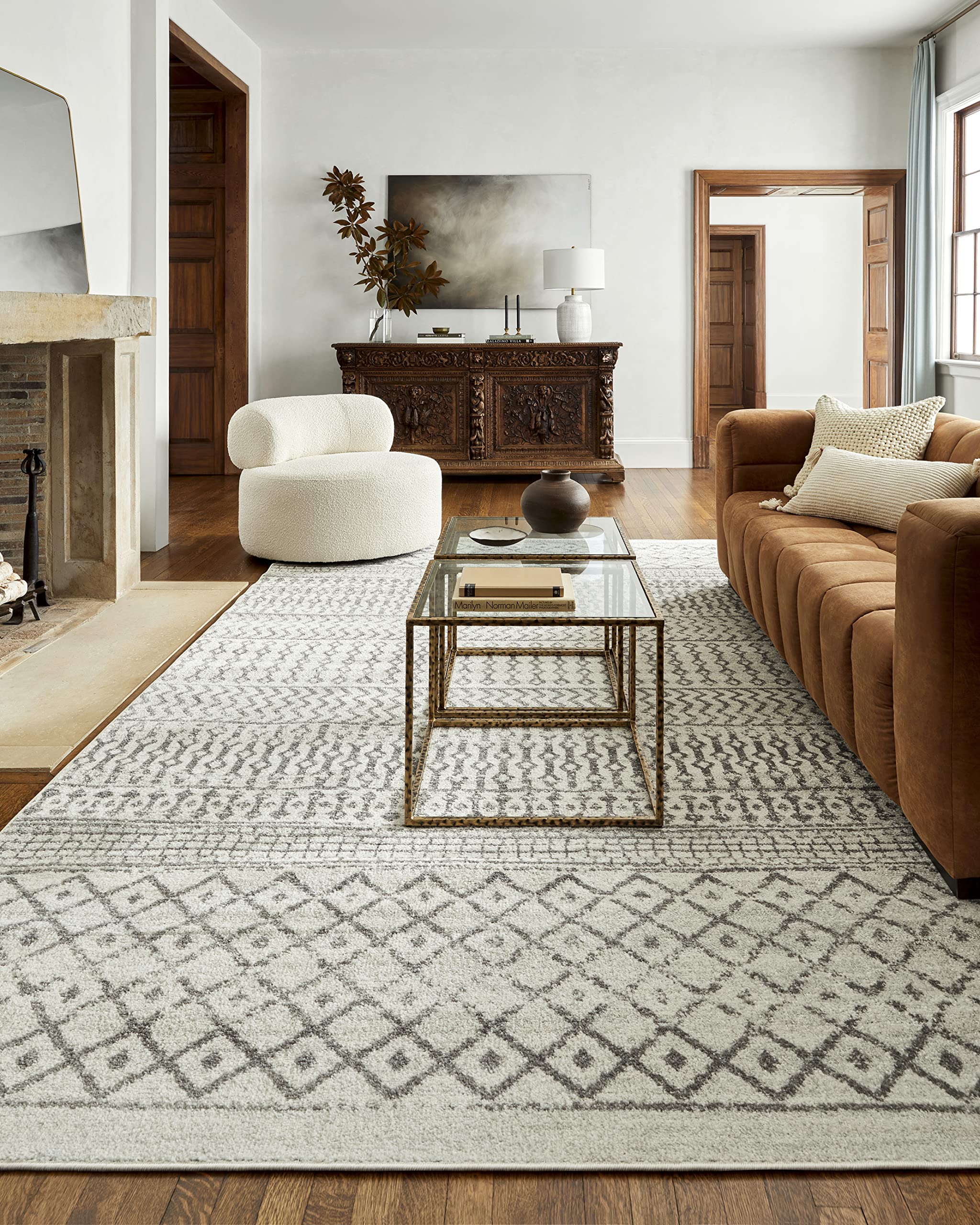 Livabliss Area Rugs - 10x13 Chester Boho Moroccan Cream Rug for Living Room Bedroom - Large Charcoal Gray Geometric Stain Resist