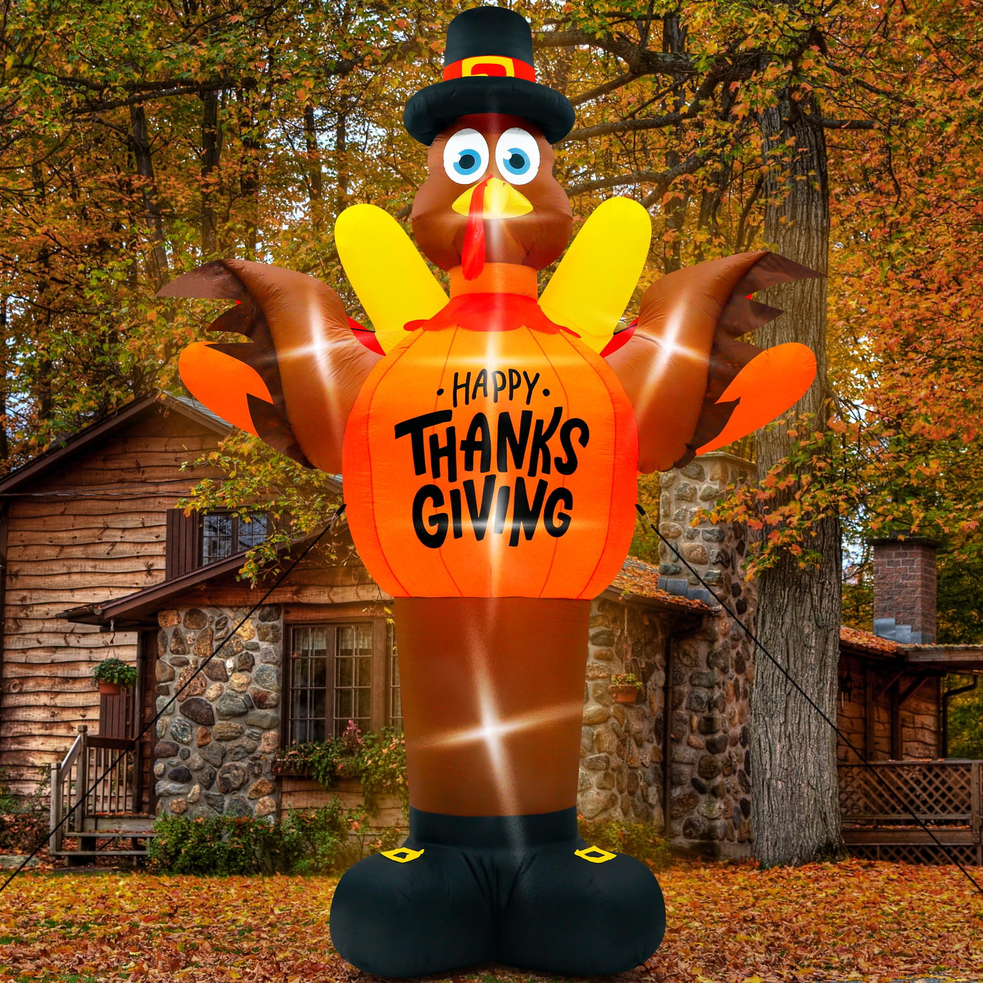 14FT Thanksgiving Turkey Inflatables, Extra Large Blow Up Thanksgiving Turkey Wearing Pumpkins, Pre-lit Happy Thanks Giving Outd