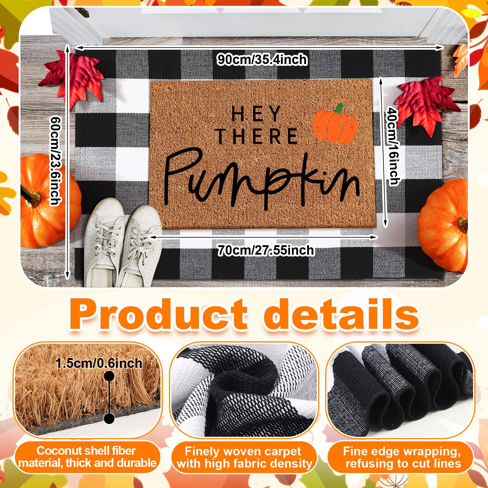 2 Pcs Fall Coir Doormat Outdoor Hey Pumpkin Welcome Outdoor Rugs for Layered Buffalo Black White Plaid Mats for Thanksgiving Aut