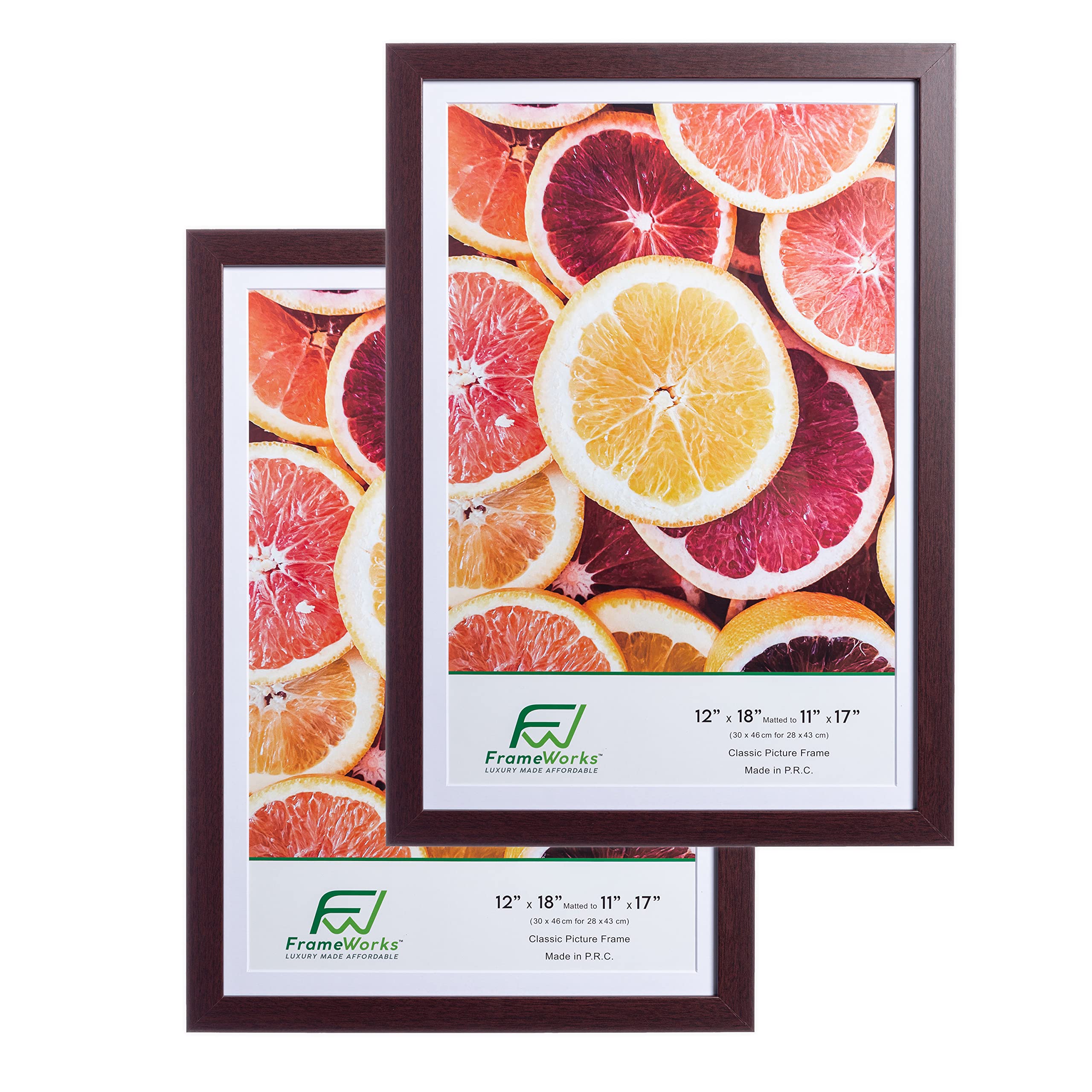 FrameWorks 2-Pack, 12x18 Matted to 11x17 Picture Frame, Mahogany - Classic Photo Frame with Tempered Glass, Picture Frame with C