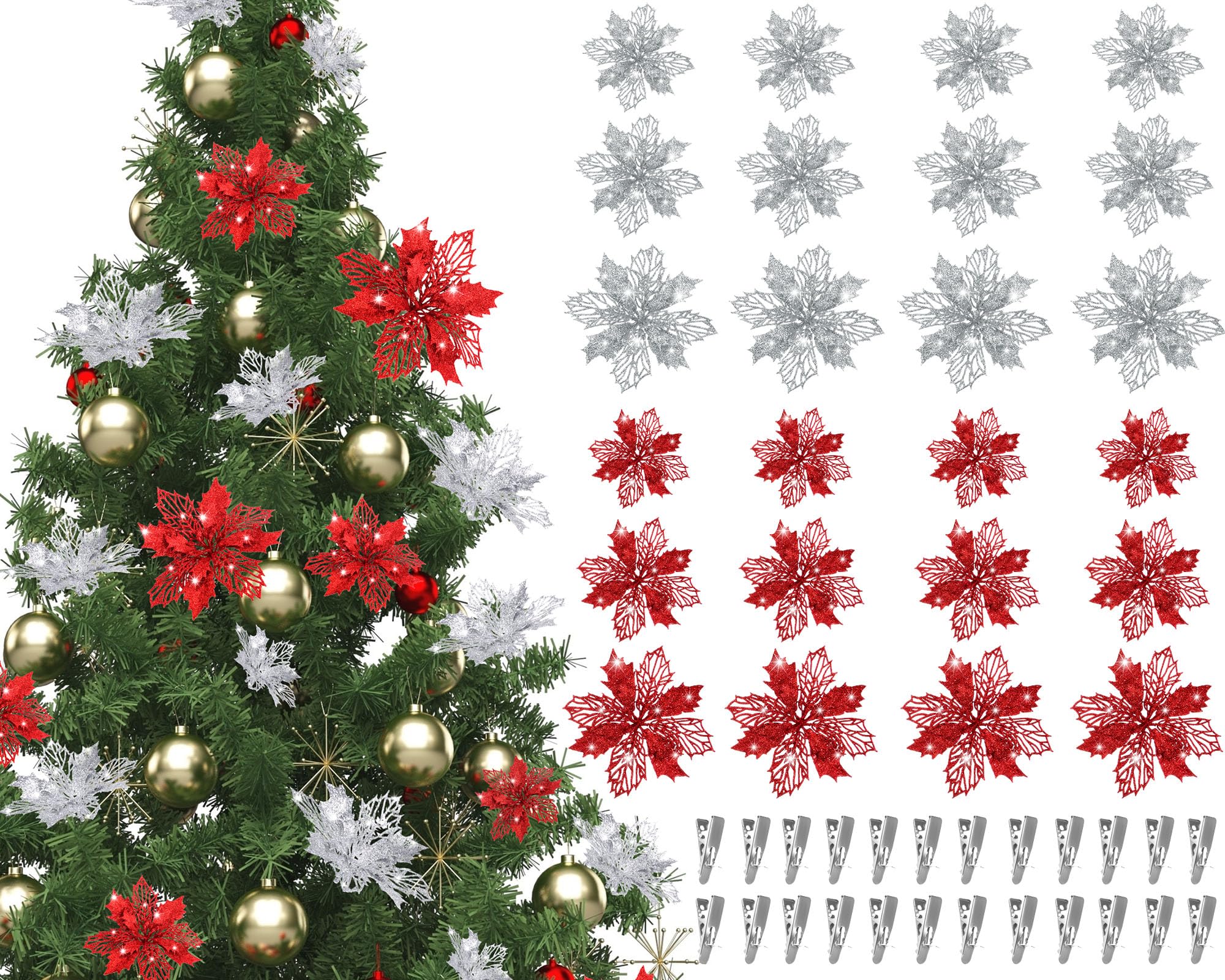 Boao 24 Pieces Red and Silver Christmas Poinsettia Flowers Glitter with Clips Christmas Ornaments Decorations for Tree Artificia