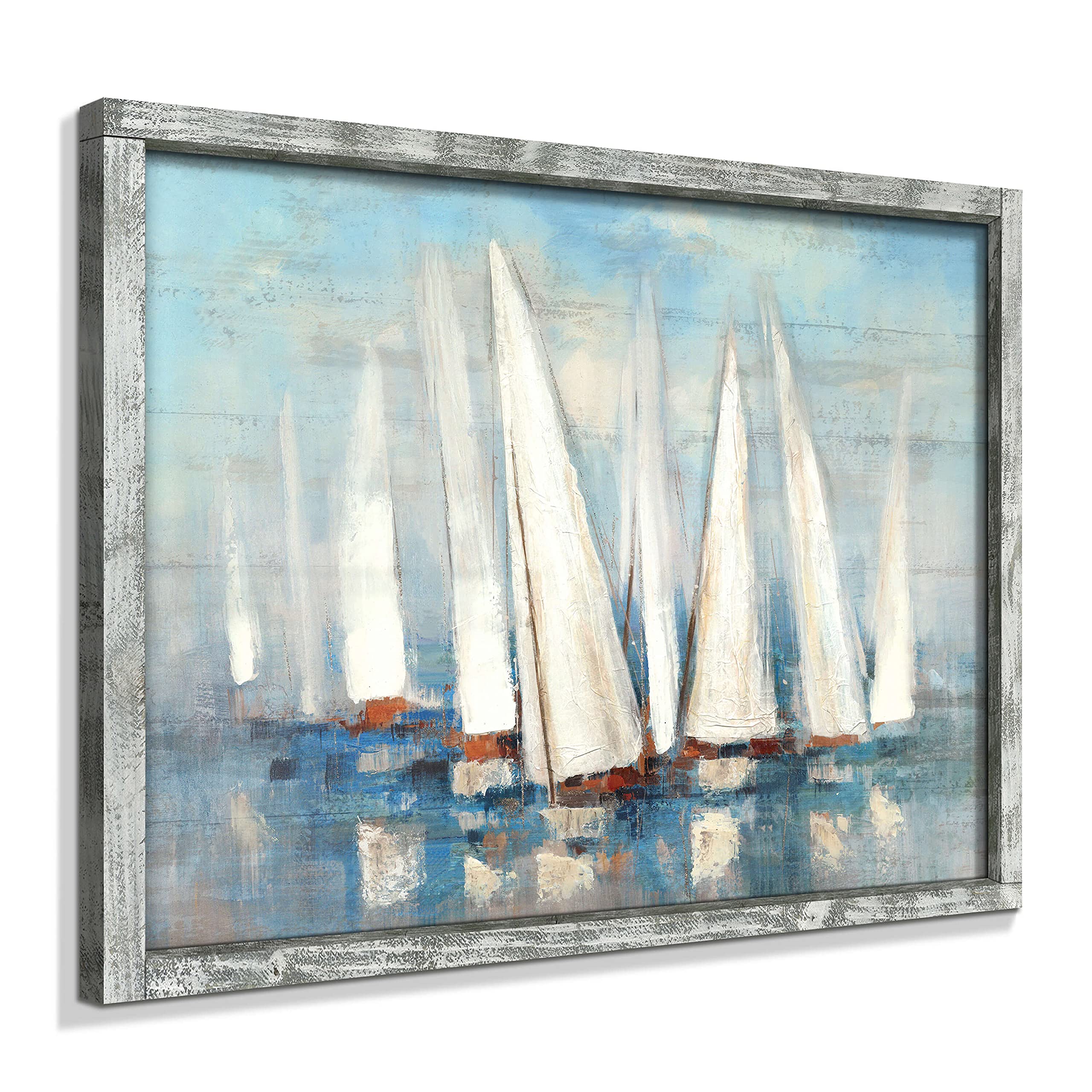 Ocean Framed Painting Wall Art: Abstract Coastal Artwork 40''X30'' Seascape Picture Seascape Prints On Wood In Modern Style For